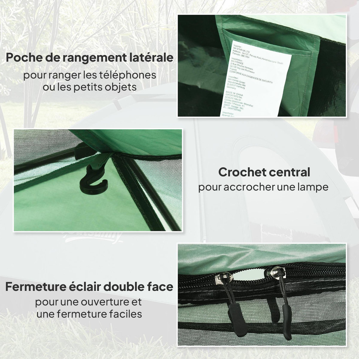 OUTSUNNY Tente de camping 2 personnes dim. 206L x 152l x 110H cm - portes zippée, poche rangement sac de transport inclus - fibre verre polyester Oxford vert