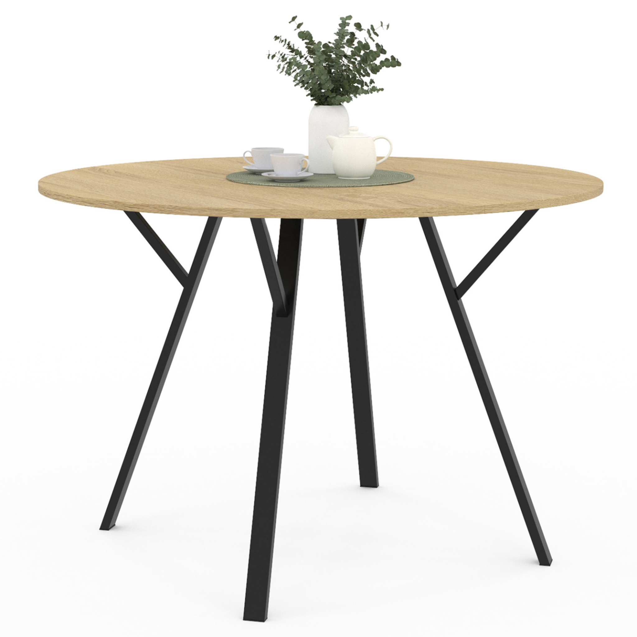 ID MARKET Table à manger fixe ronde yseult 4-6 personnes bois et noir design industriel 110 cm