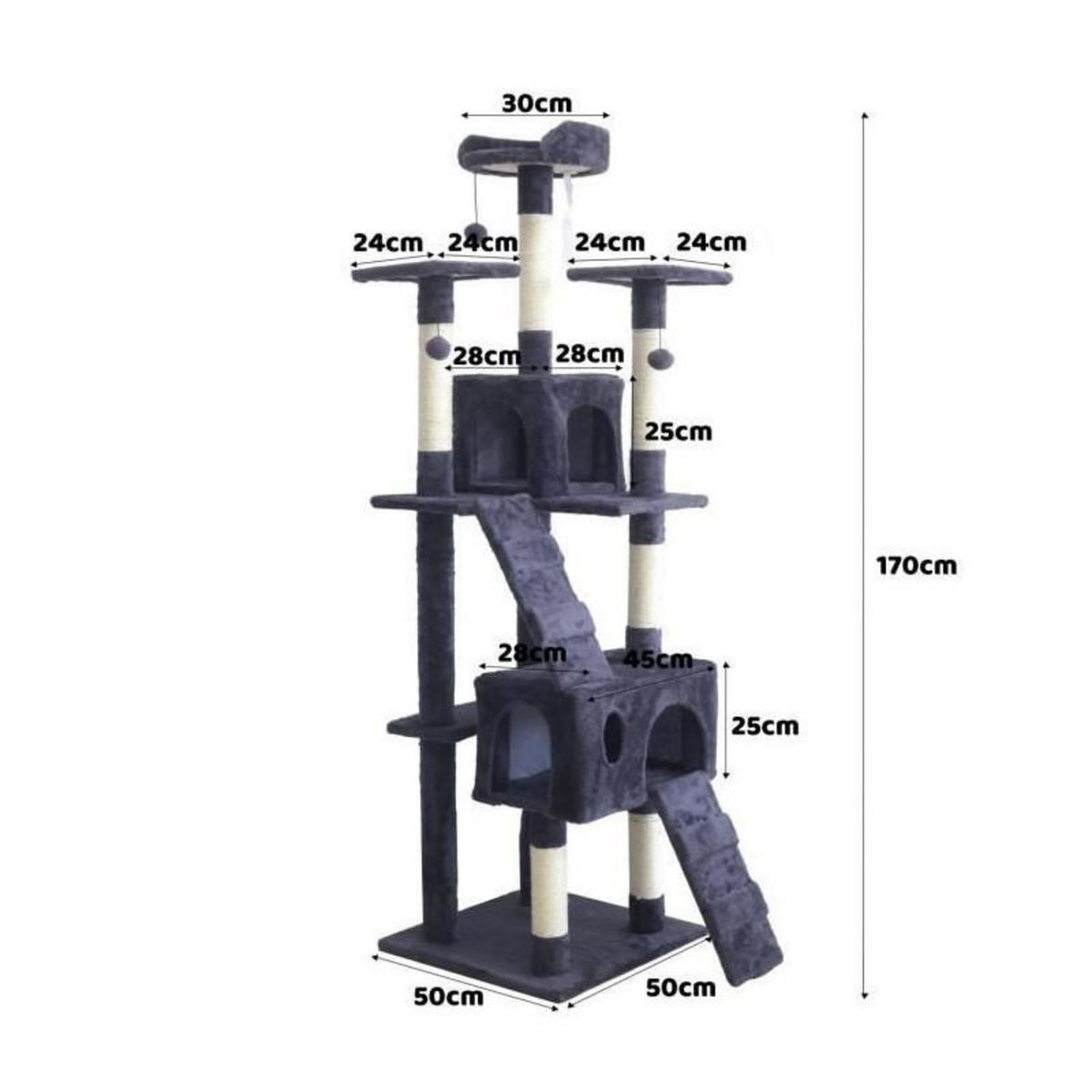 tectake BILLY Arbre a chat 170 cm - Griffoir + 2 Cabanes - Gris