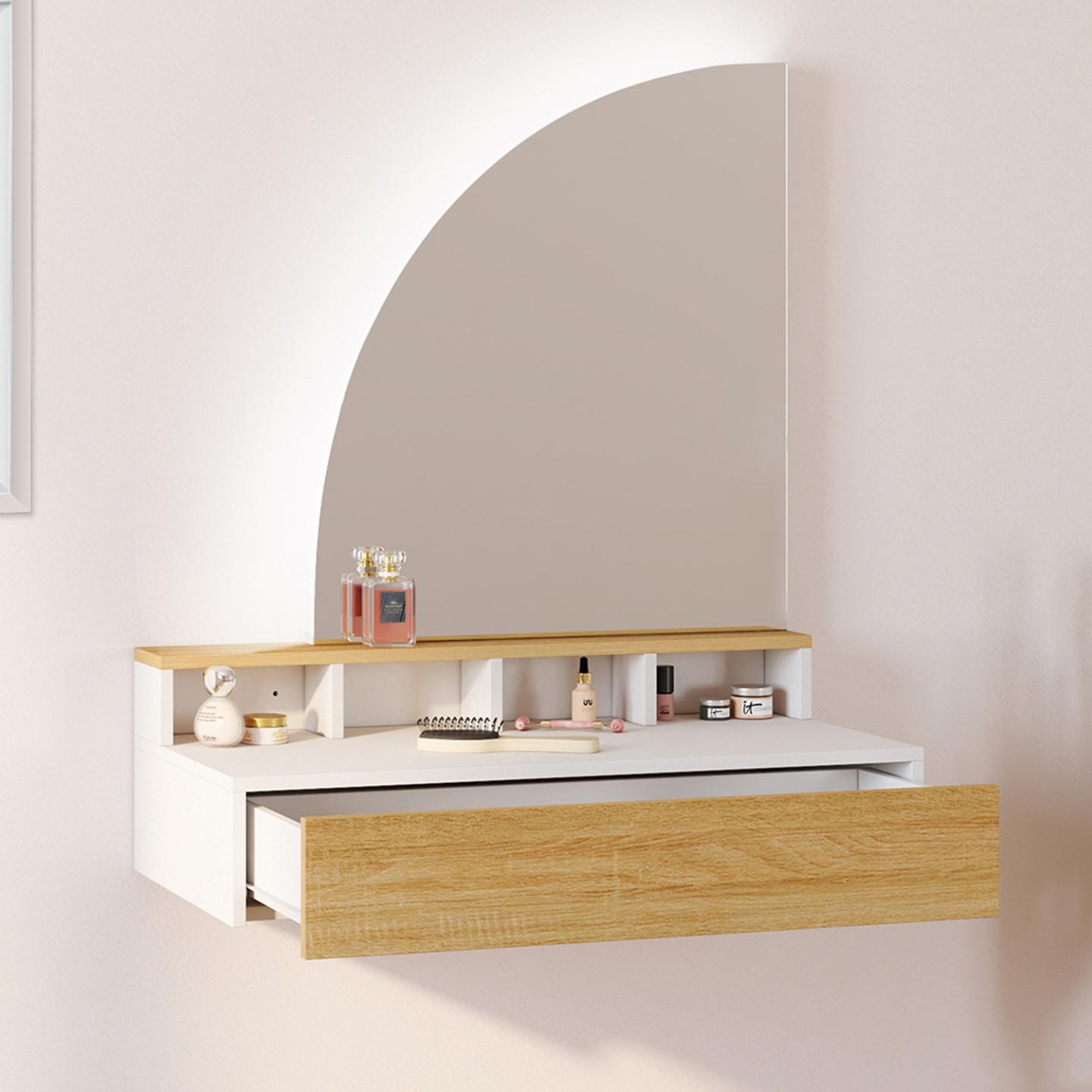 Voir la diapositive 2 : ID MARKET Coiffeuse suspendue zelia miroir led avec 4 niches, 1 tiroir bois et blanc