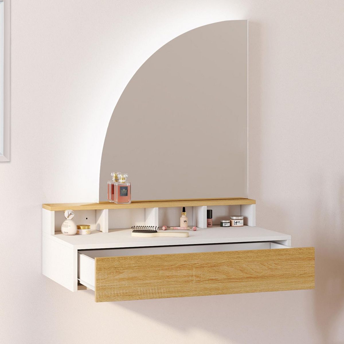 ID MARKET Coiffeuse suspendue ZELIA miroir LED avec 4 niches, 1 tiroir bois et blanc