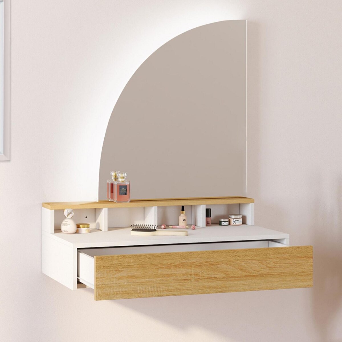 ID MARKET Coiffeuse suspendue ZELIA miroir LED avec 4 niches, 1 tiroir bois et blanc