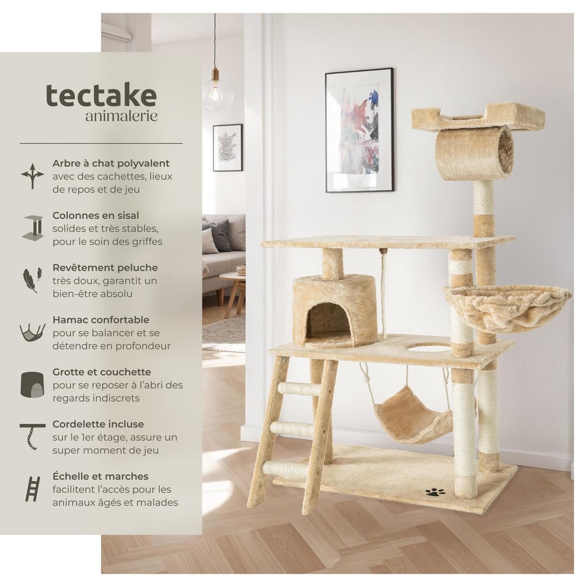 tectake Arbre à chat 141 cm avec griffoir et plateforme d'escalade beige