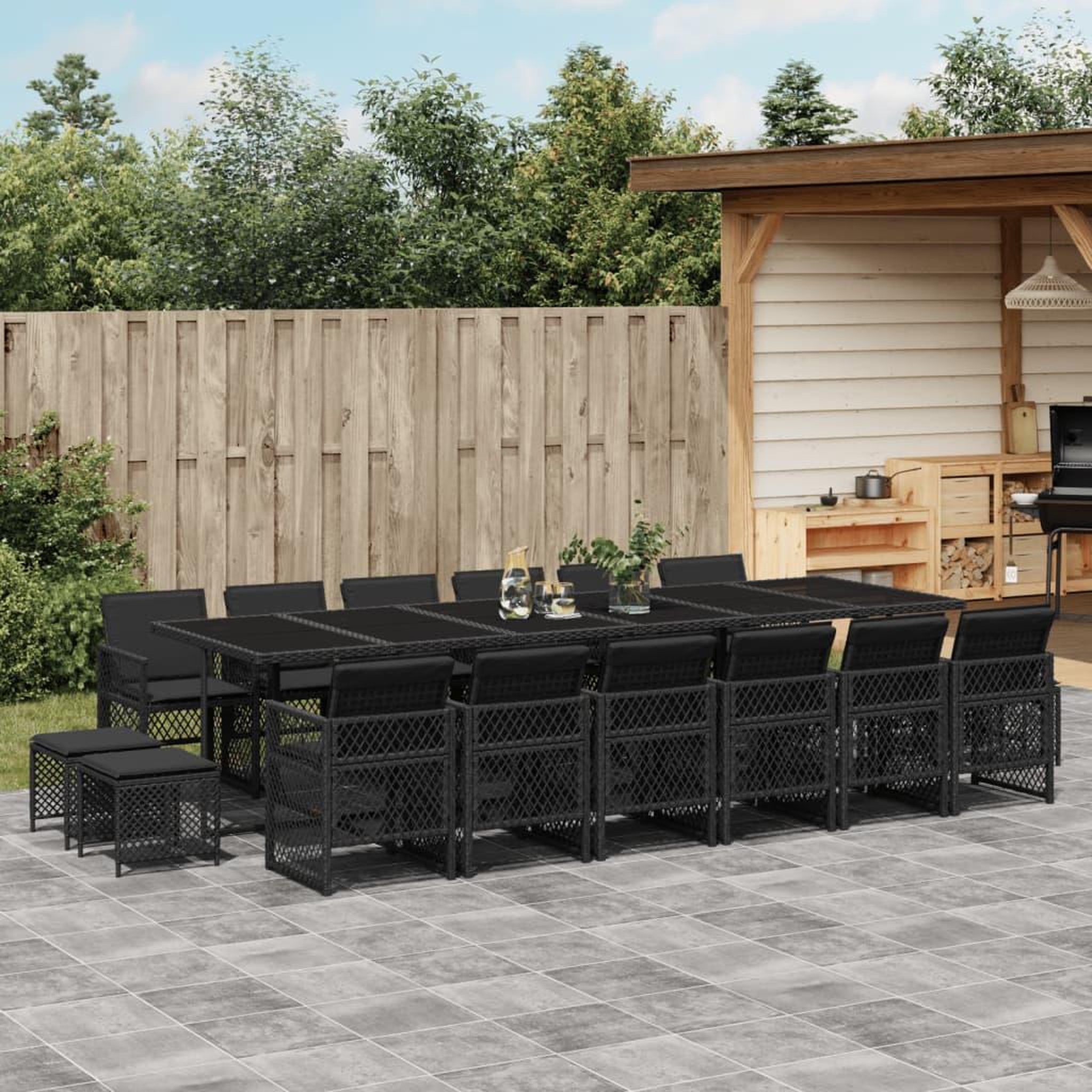 VIDAXL Ensemble a manger de jardin 17 pcs coussins noir resine tressee