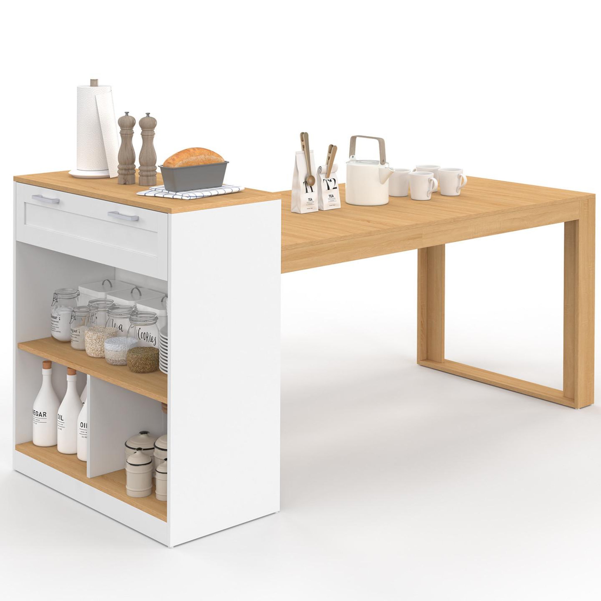 ID MARKET Ilot central avec table à manger 5 personnes gary 190 cm blanc et plateau bois