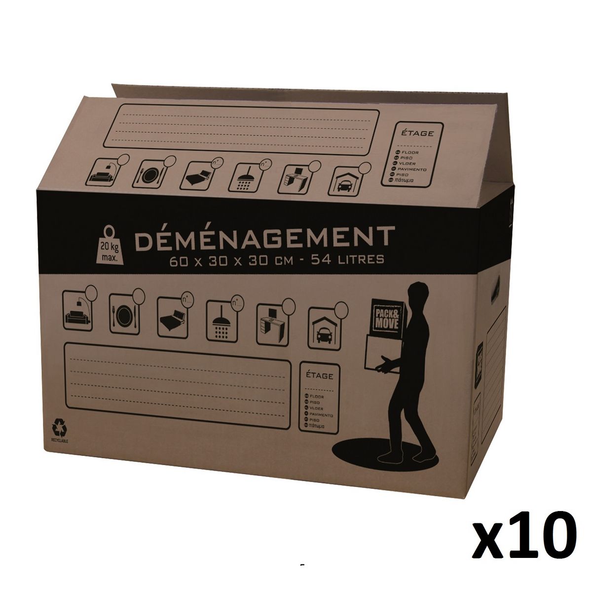 Pack de 10 cartons de démenagement 54 litres 60x30x30 cm