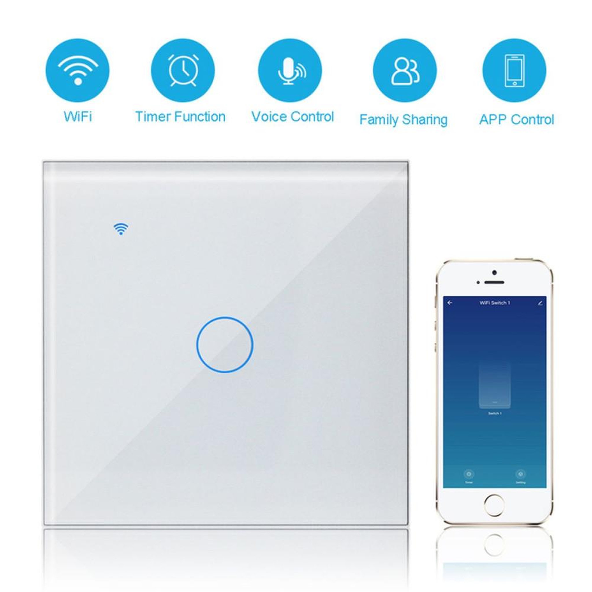 Interrupteur mural Wi‑Fi encastrable 1 voie tactile avec verre trempé blanc, panneau tactile capacitif, compatible Alexa et Google, Tuya/Smart Life
