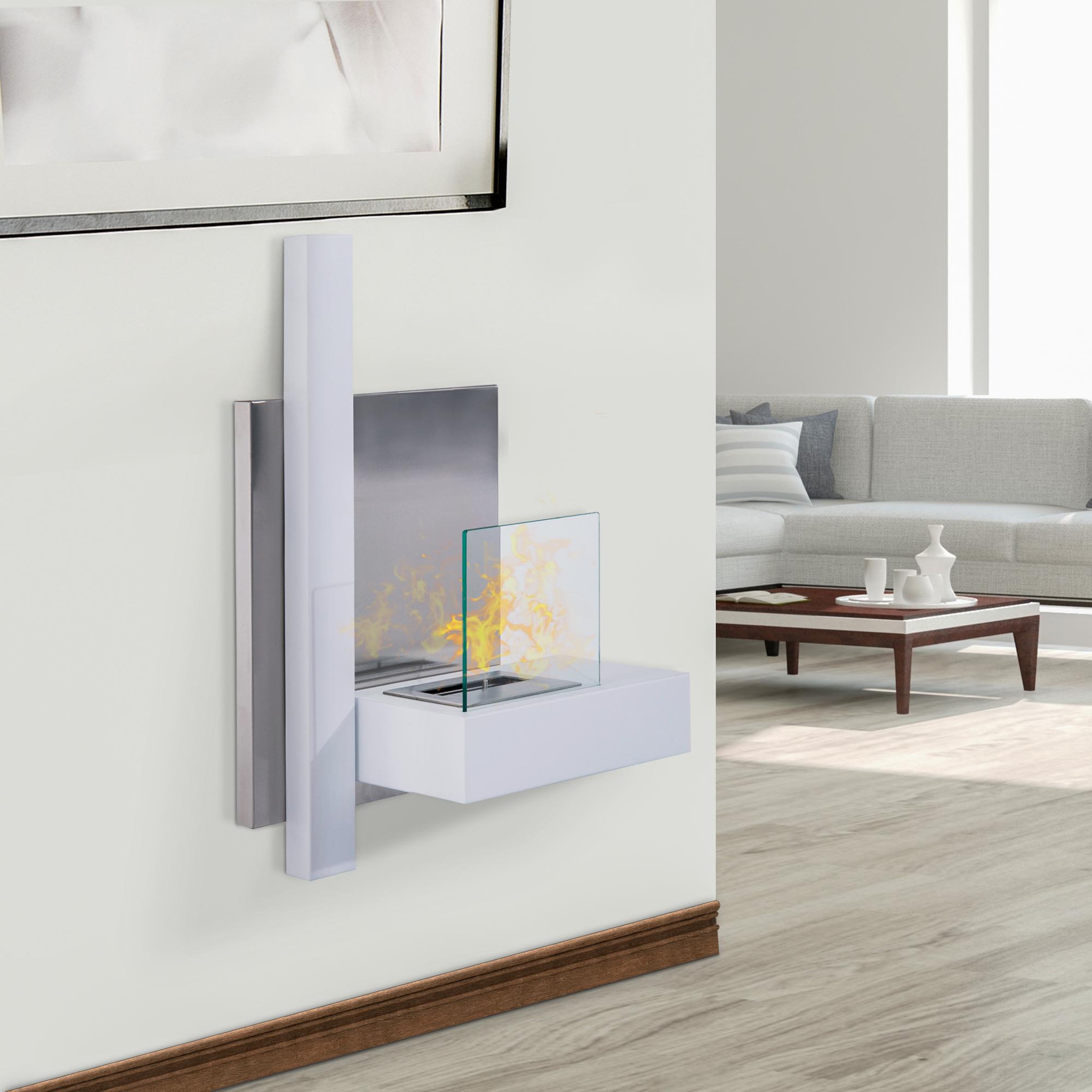 Voir la diapositive 2 : HOMCOM Cheminée bioéthanol murale design bauhaus 1 brûleur 1,5 l 75l x 22l x 63h cm couverture 20-25 m² acier blanc inox. Brossé