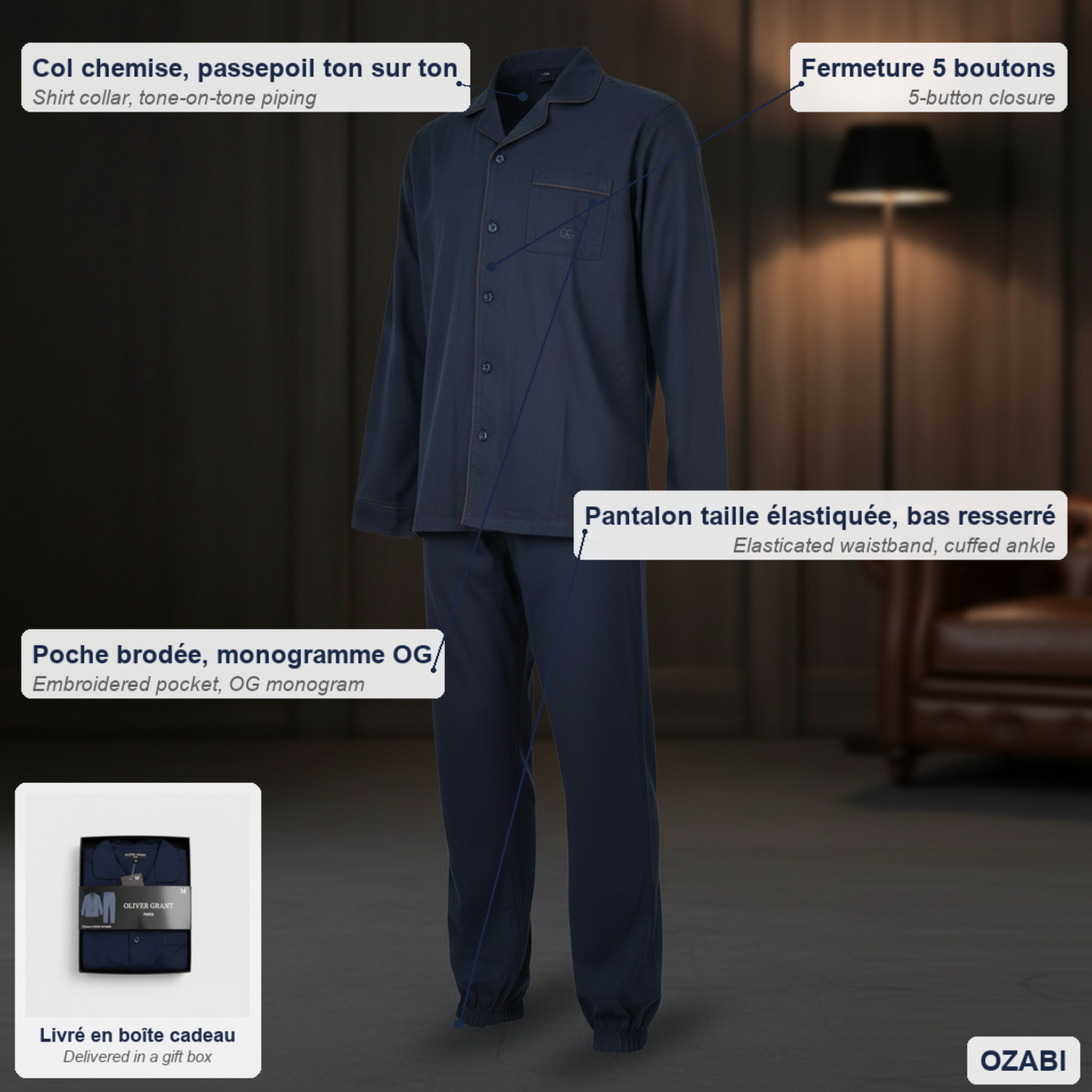 Voir la diapositive 5 : OZABI Oliver grant paris pyjama long homme entièrement boutonné 100% coton