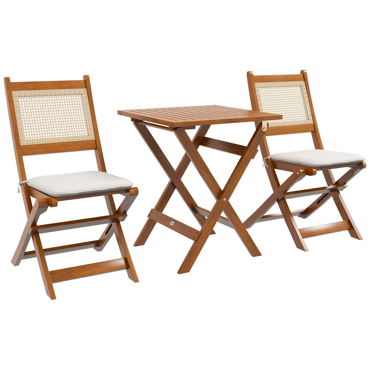 OUTSUNNY Ensemble bistro de jardin style exotique 2 places 3 pcs pliables bois acacia résine aspect rotin coussins blanc inclus