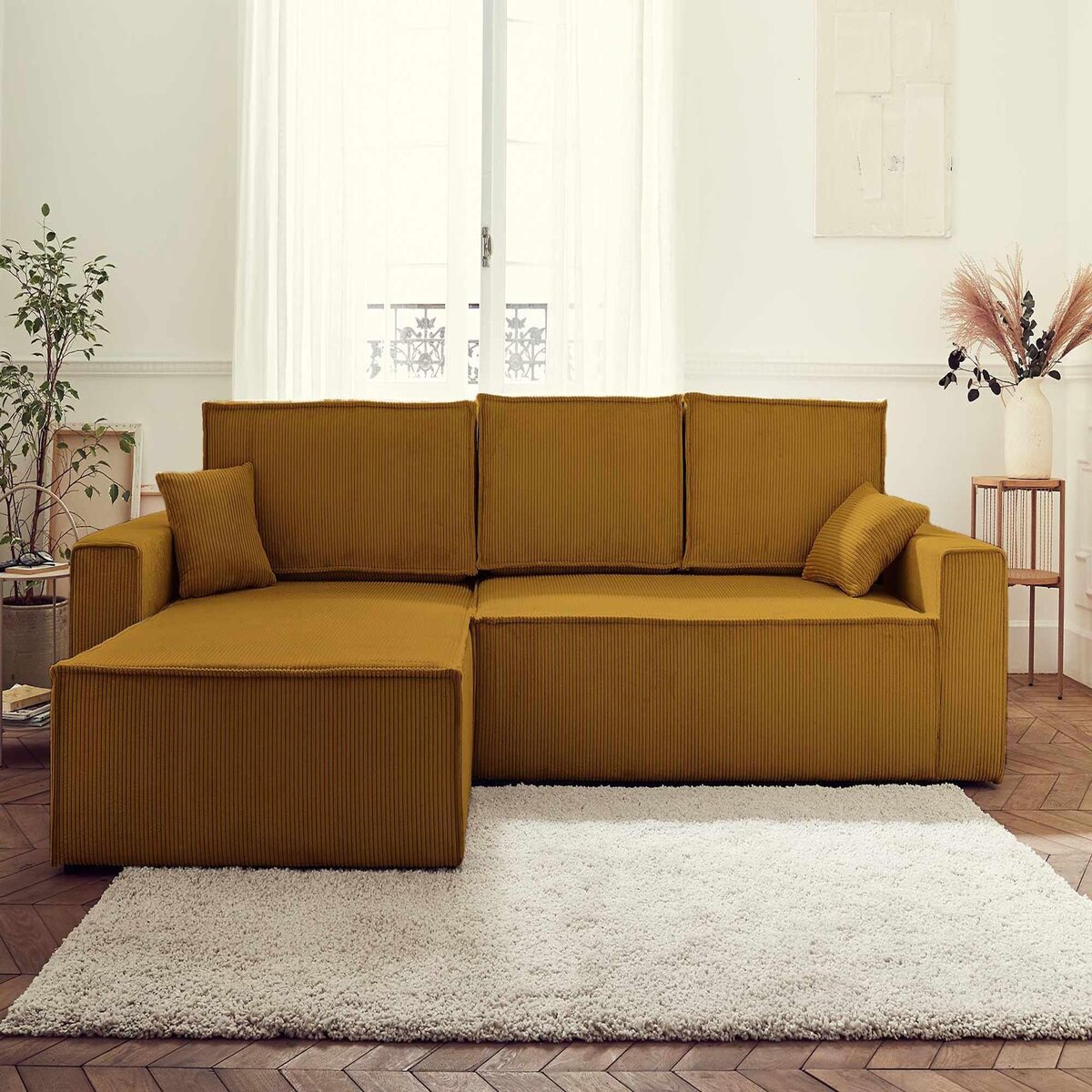 BEST MOBILIER Dellia - canapé d'angle réversible convertible - avec coffre - en velours côtelé - 4 places