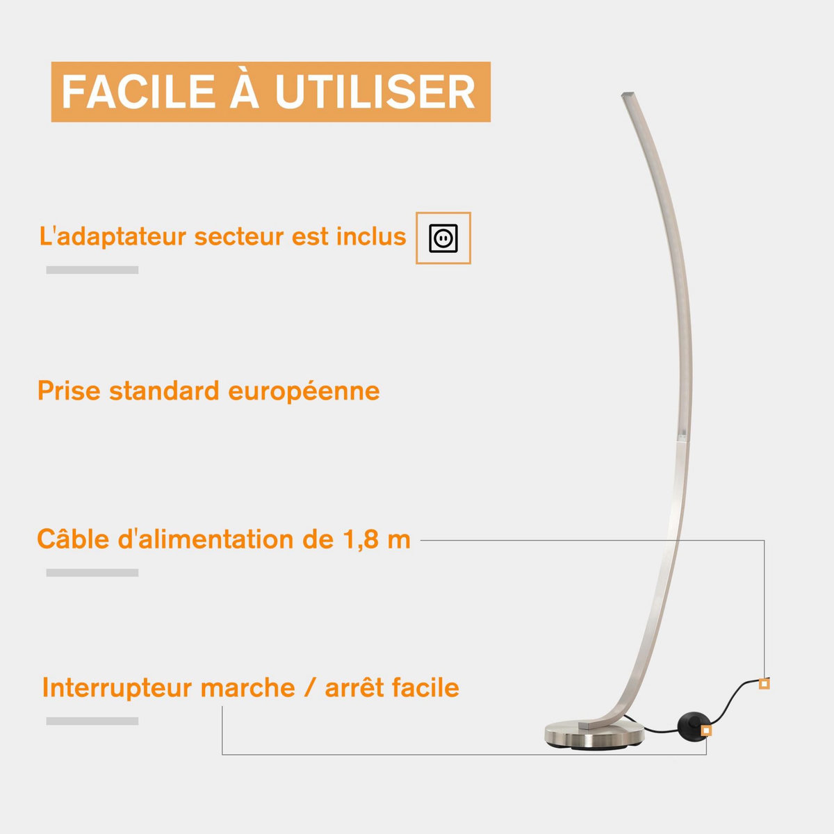 HOMCOM HOMCOM Lampadaire design LED argent dim. 50L x 23l x H149 cm