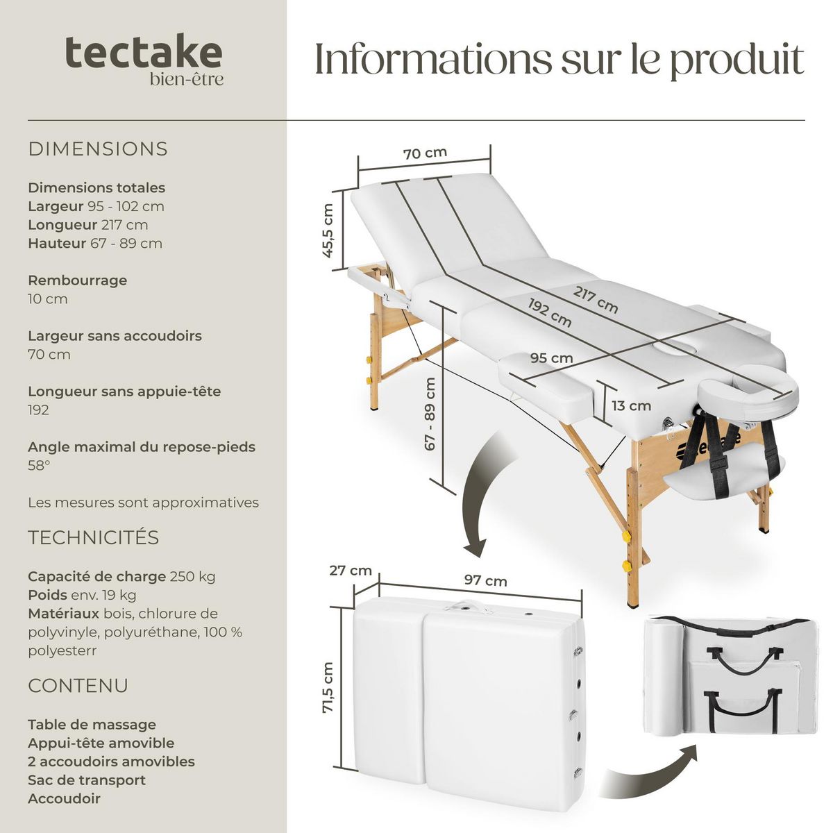 tectake Table de massage portable et pliante à 3 zones largeur 70 cm et rembourrage 10 cm blanc