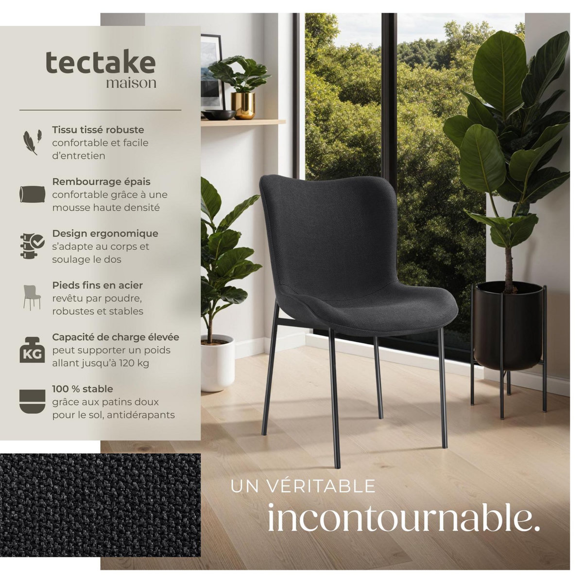 tectake Chaise rembourrée forme ergonomique avec dossier haut Tissu noir/noir Lot de 6
