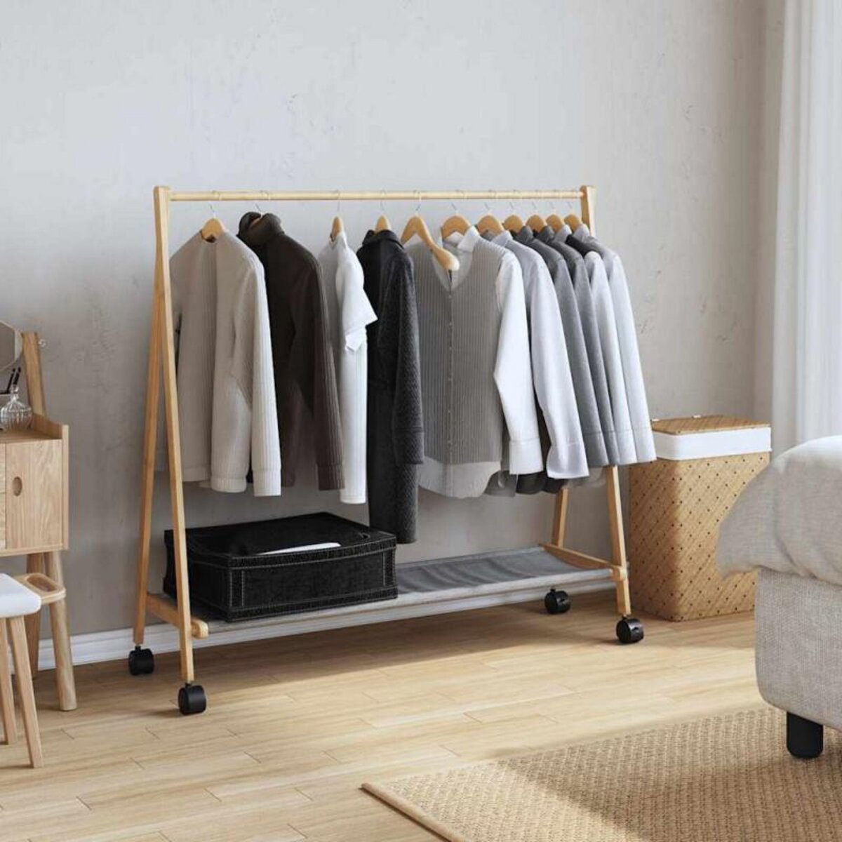 VIDAXL Porte vêtements et étagères et roulettes 106x34x106,5cm bambou