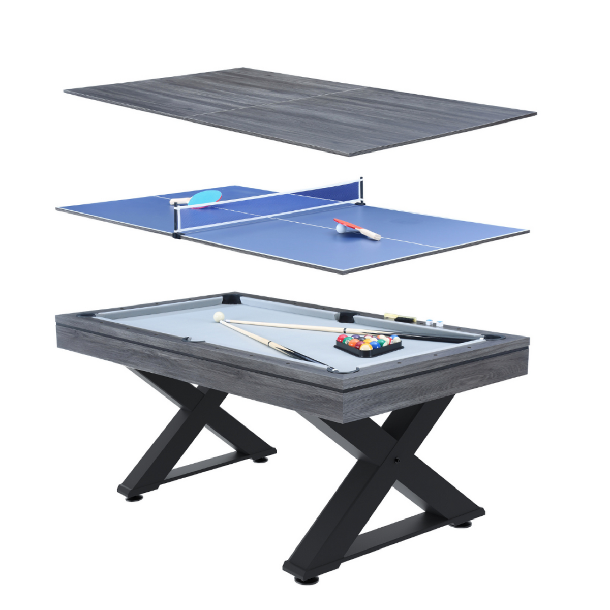 CONCEPT USINE Table multi-jeux en bois gris ping-pong et billard TEXAS