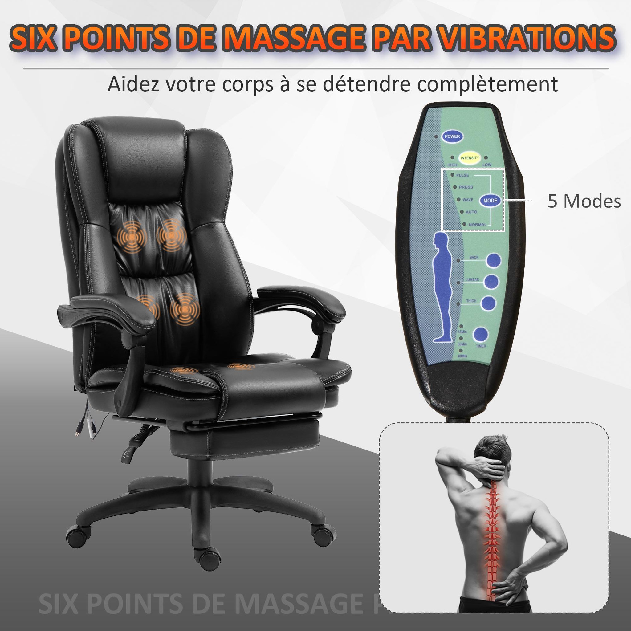 Voir la diapositive 6 : VINSETTO Fauteuil bureau massant inclinable réglable repose-pieds rétractable grand confort synthétique noir
