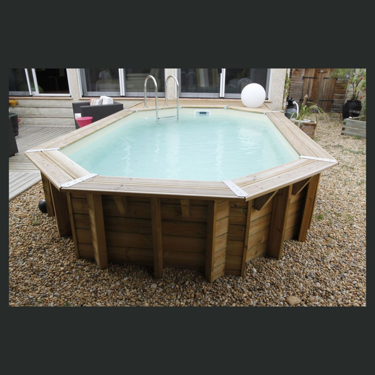 Ubbink Piscine hors sol  en bois octogonale liner beige 3,55 x 4,90-H,130 m AZURA