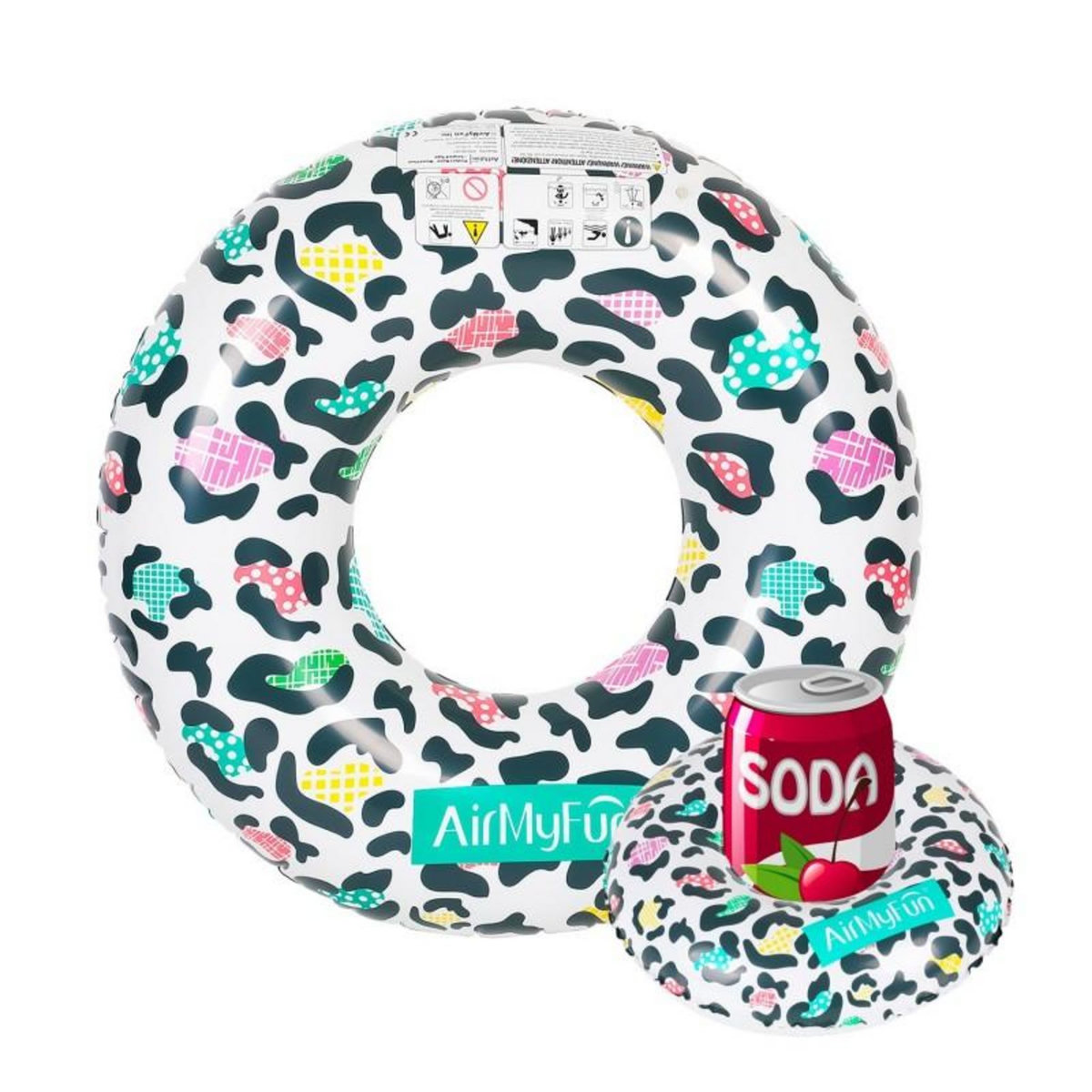 AIRMYFUN Bouée Gonflable XXL et Porte Boisson Gonflable pour Piscine & Plage - Pack Evasion Leopard