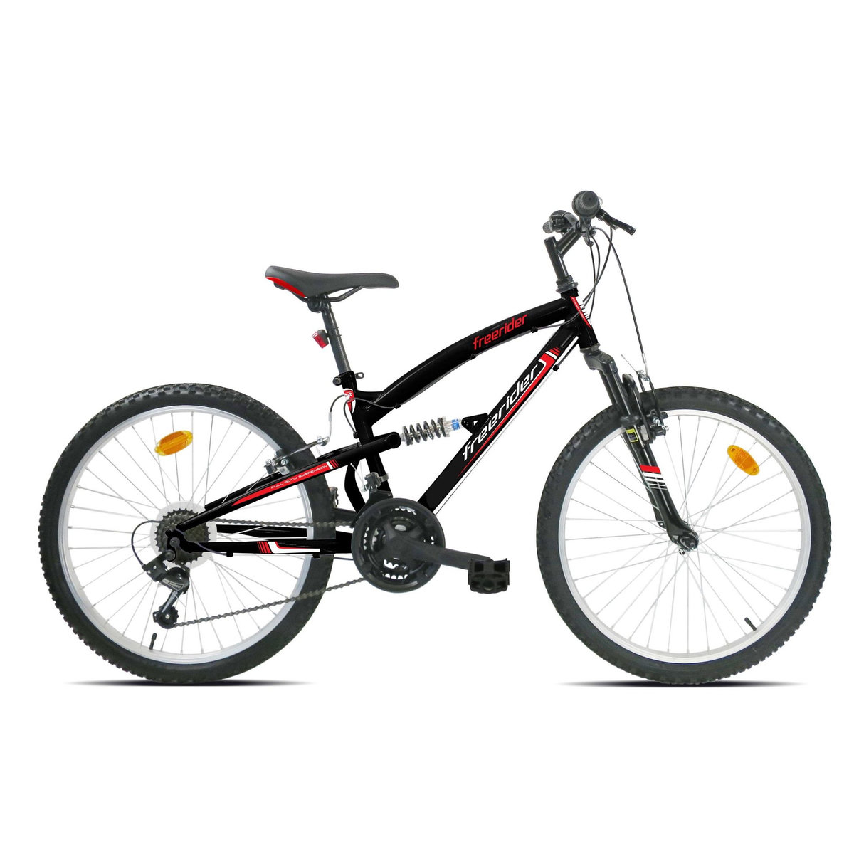 FREERIDER Vélo VTT 24'' Tout Suspendu   Freerider   Mixte pour enfant de taille à partir de 140 cm  - 18 Vitesses Indexées - Fourche télescopique - Dérailleur Shimano - Freins V-Brake et Jantes en aluminium