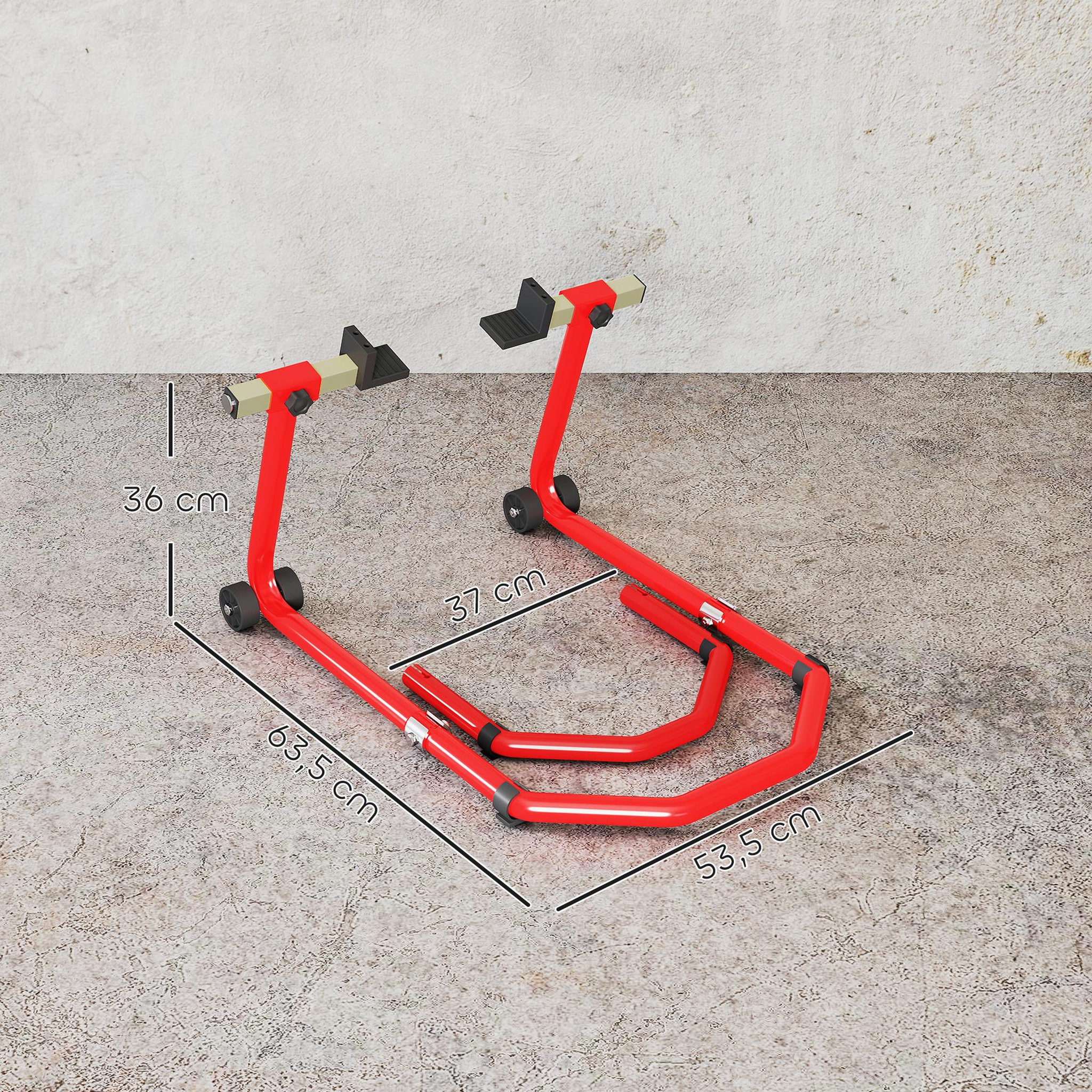 Voir la diapositive 3 : HOMCOM Béquille roue avant arrière charge 390 kg, béquille d'atelier moto avec bras réglable en acier, lève-moto fourche en forme de U + L, pour réparation entretien stockage domicile, rouge