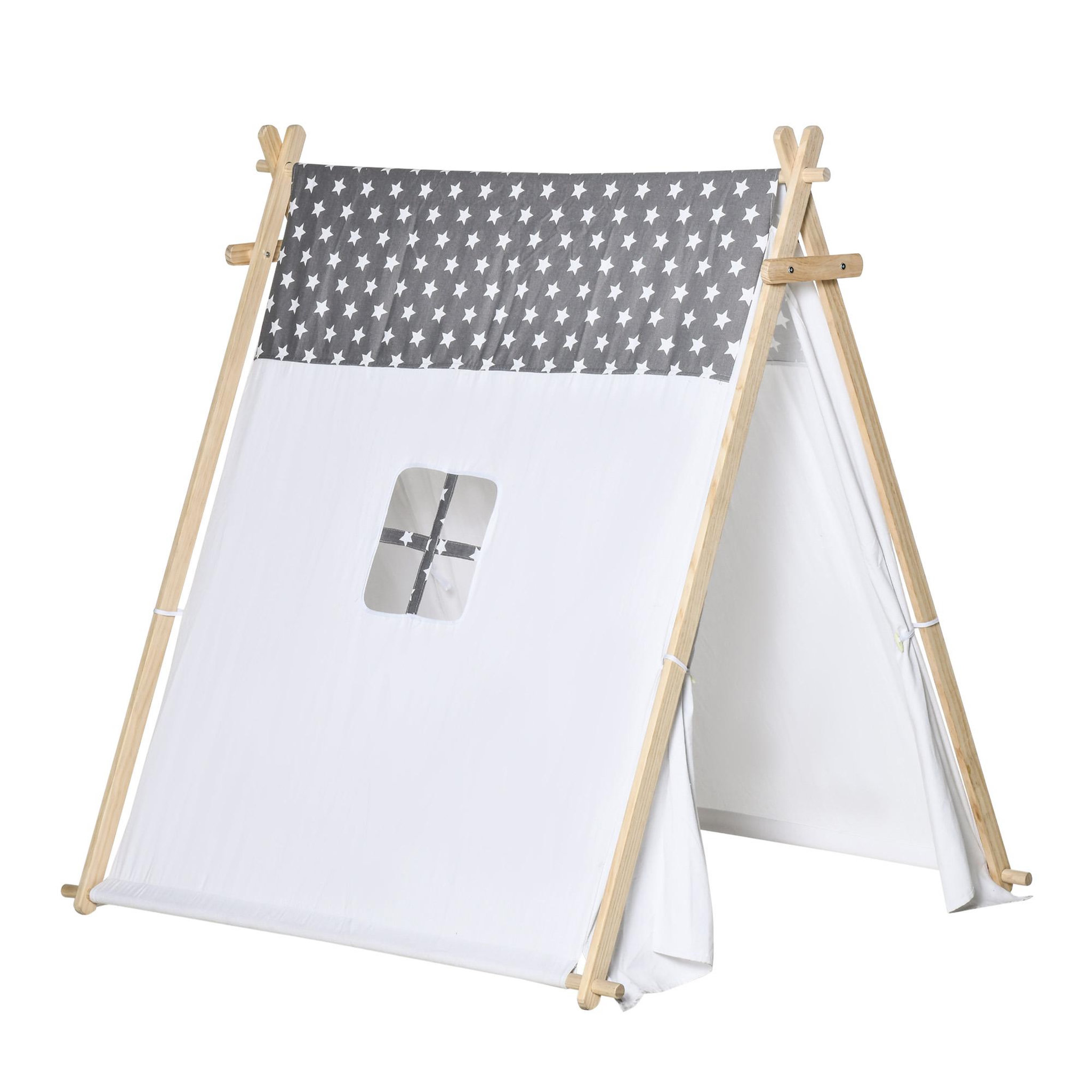 Voir la diapositive 1 : HOMCOM Tente teepee indien enfant motif étoiles - dim. 1,3L x 1,11I x 1,36H m - 2 portes refermables, fenêtre - structure bois, toile polyester coton gris blanc