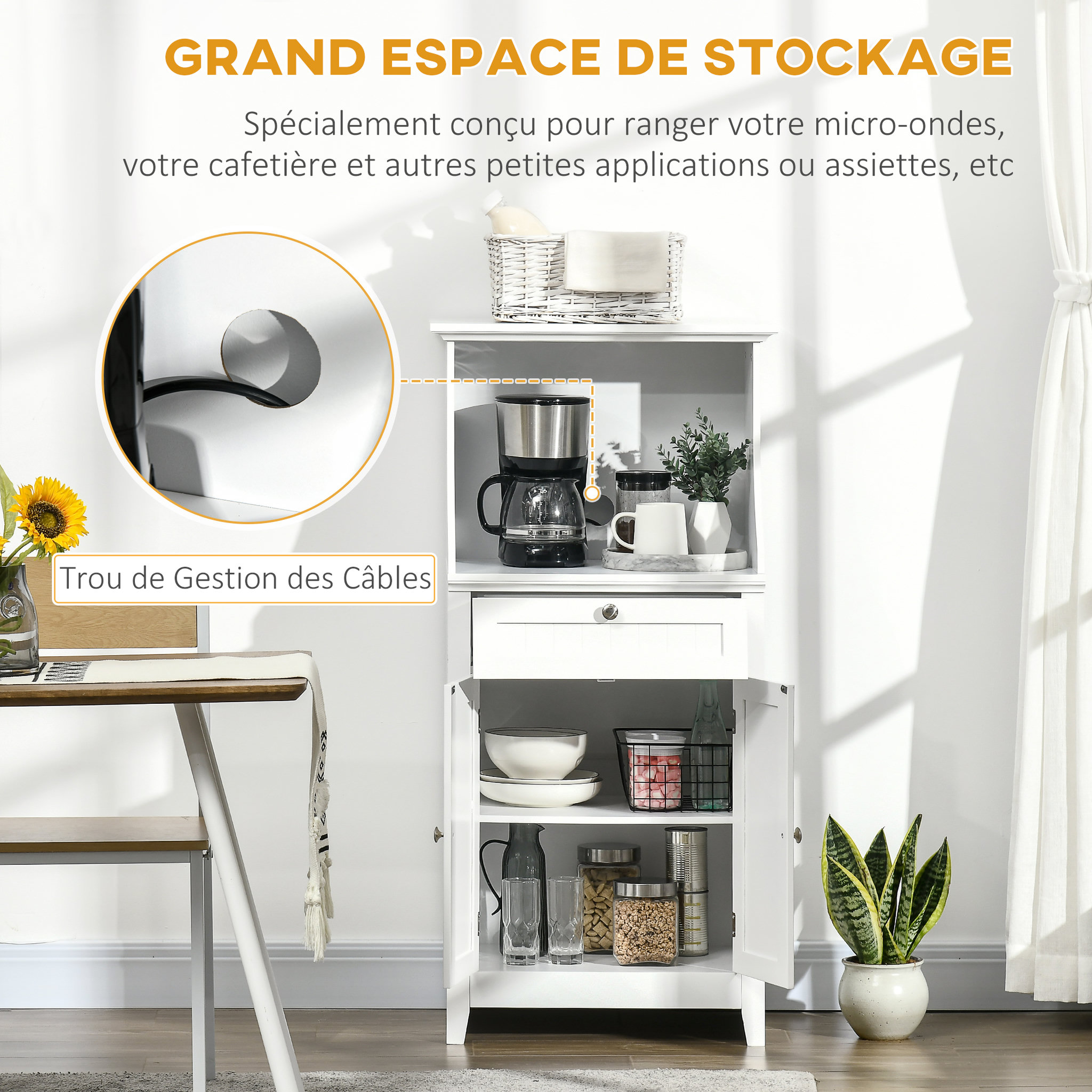 Voir la diapositive 4 : HOMCOM Meuble micro-ondes pour cuisine - tiroir, 2 portes, niche - dim. 60L x 40l x 122,5H cm - MDF blanc