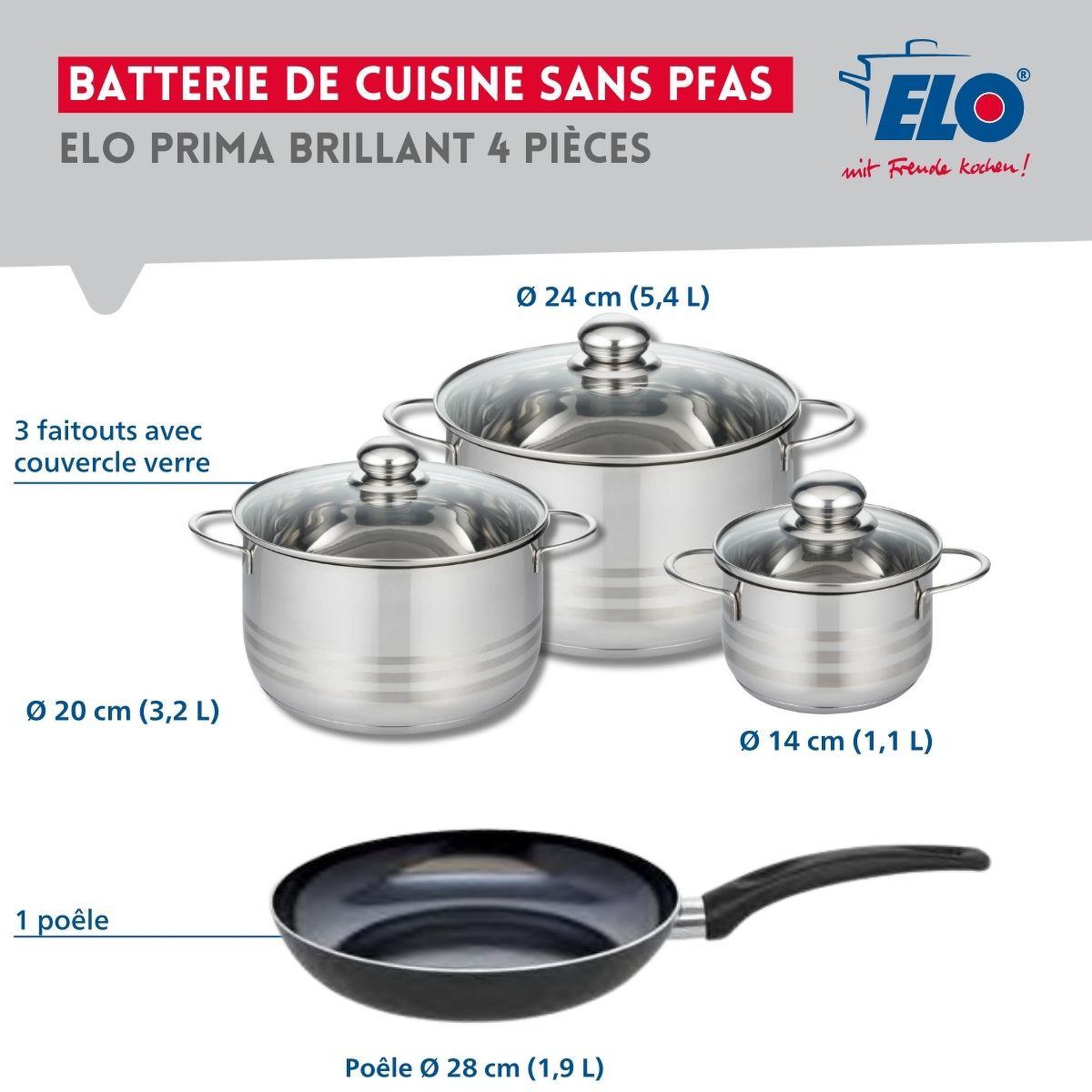 Voir la diapositive 2 : ELO Ensemble de 1 poêle de cuisson 28 cm et 3 faitouts 14, 20 et 24 cm elo prima brillant