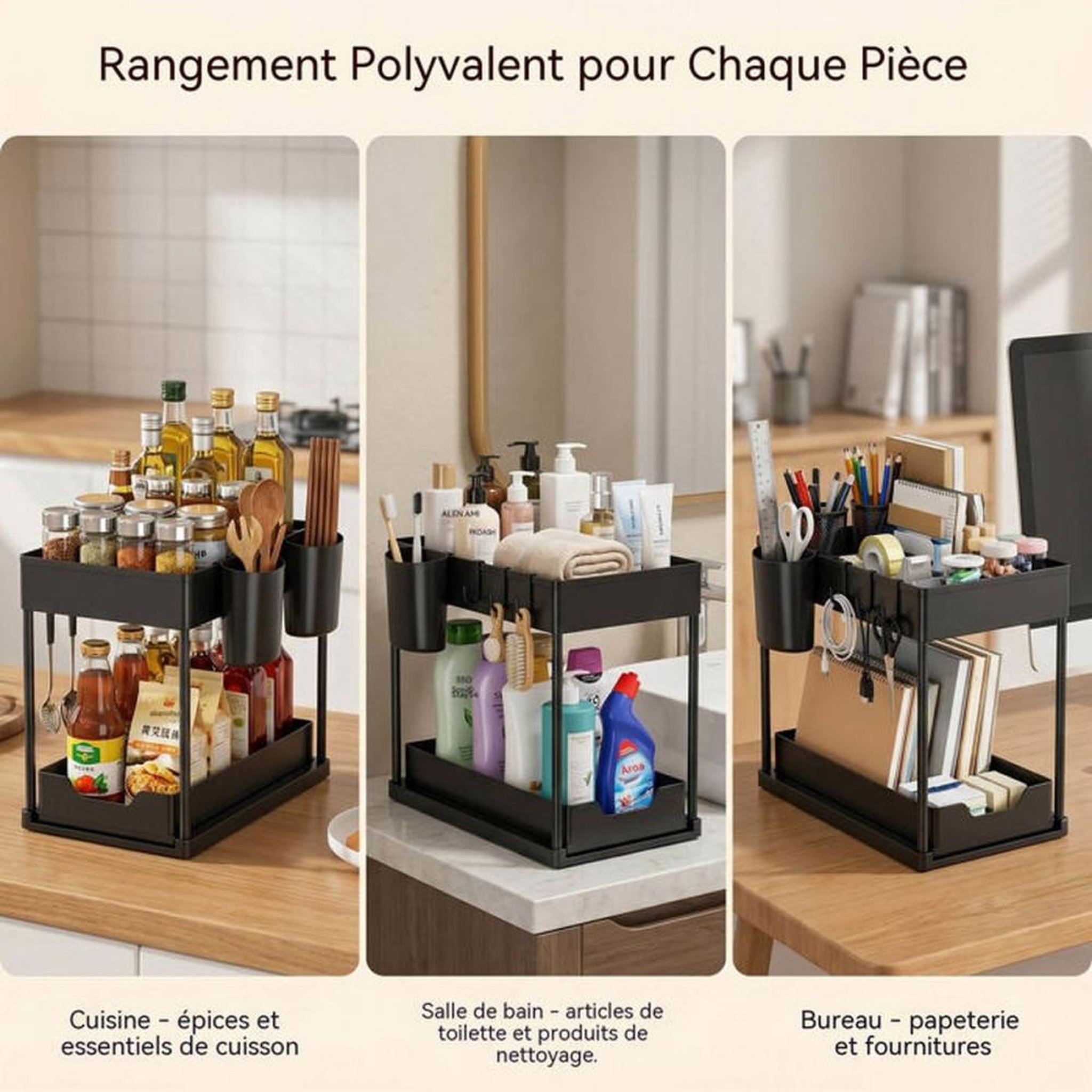 Voir la diapositive 6 : Rangement double niveau sous évier avec tiroir coulissant, fond évidé et étagères ventilées noir 37,5 x 20,5 x 33,5 cm