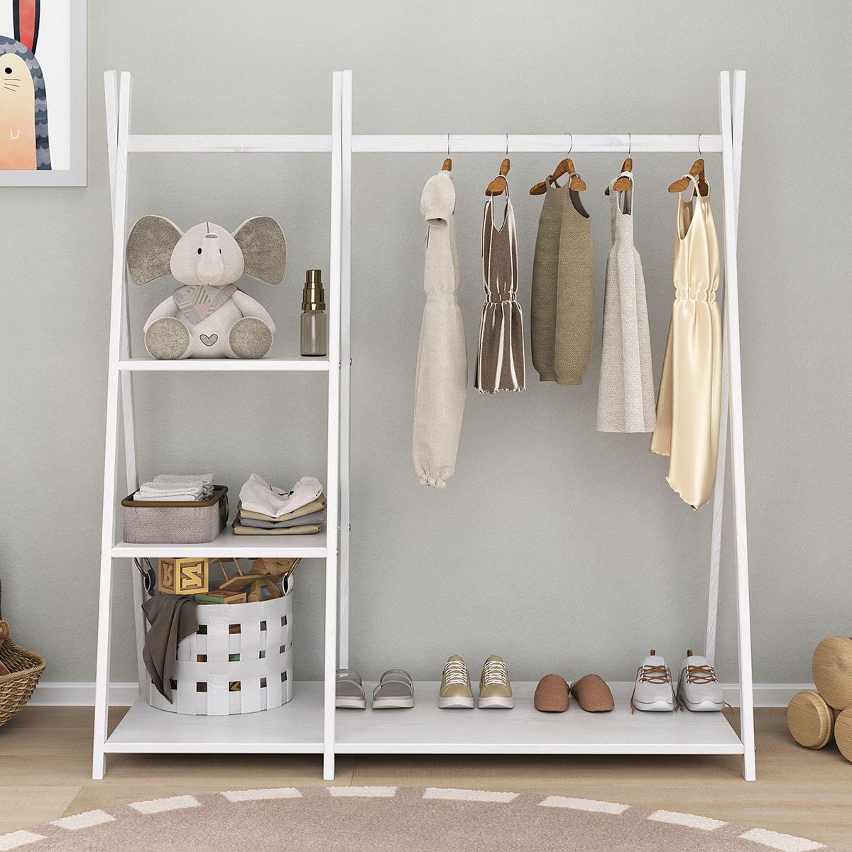 IDIMEX Penderie pour enfants LOTTE avec 3 étagères, en bois massif