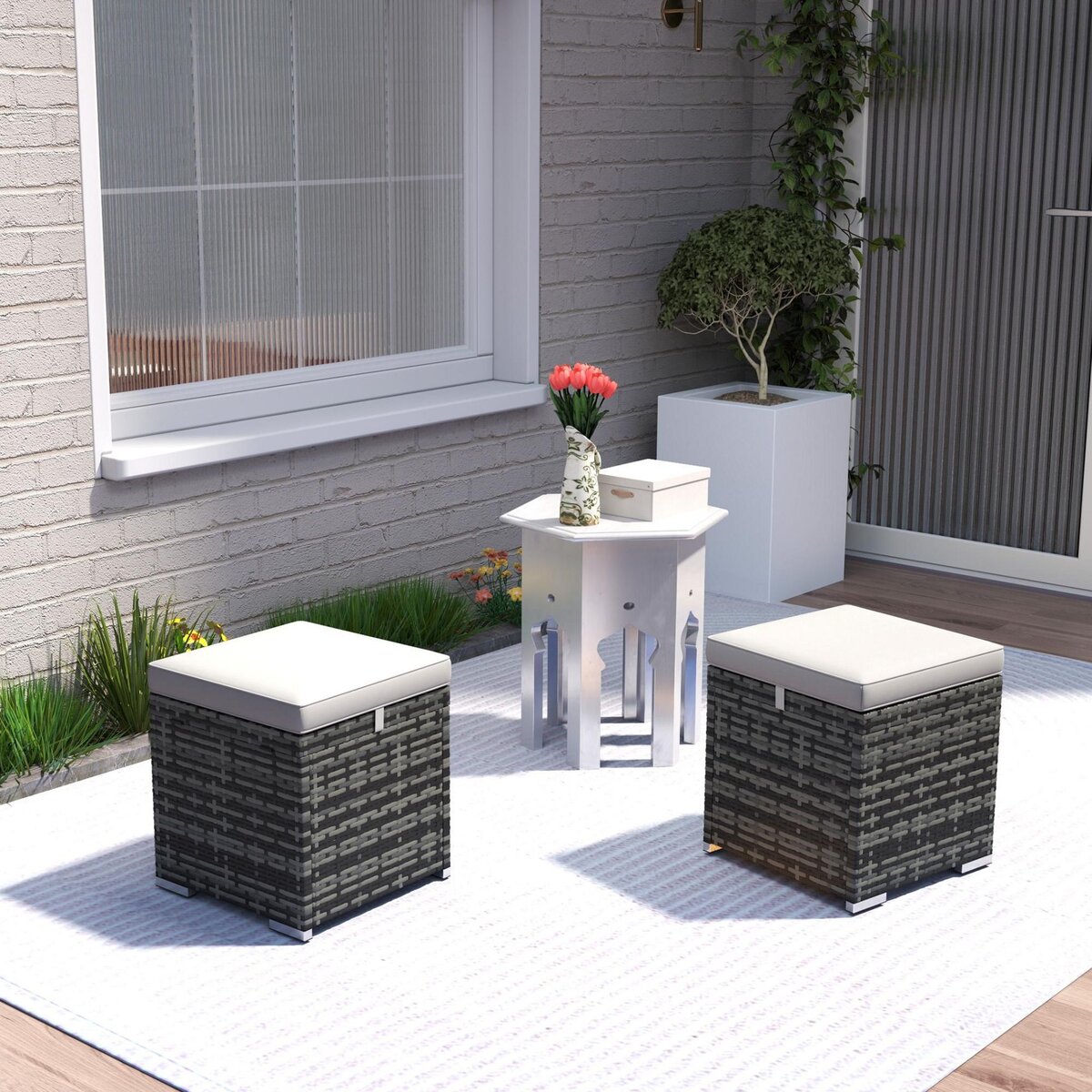 OUTSUNNY Lot de 2 poufs coffres de jardin - coussins zippés déhoussables - résine tressée aspect rotin gris