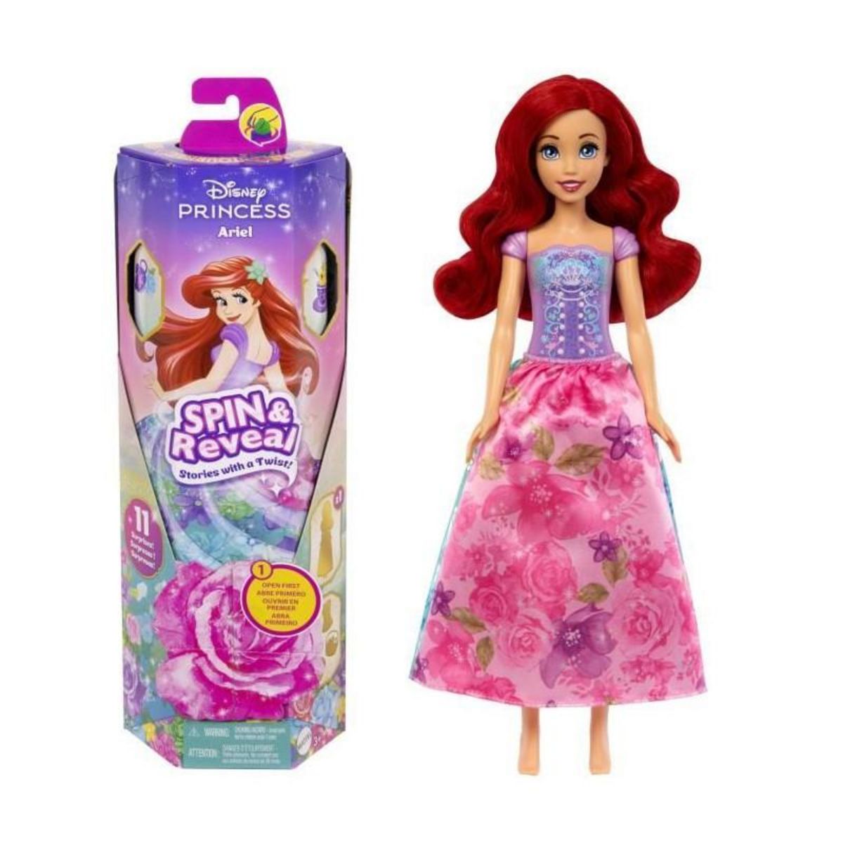 DISNEY PRINCESS Mattel-Princesses Disney Spin & Reveal-Poupée Ariel avec 11 surprises HTV88