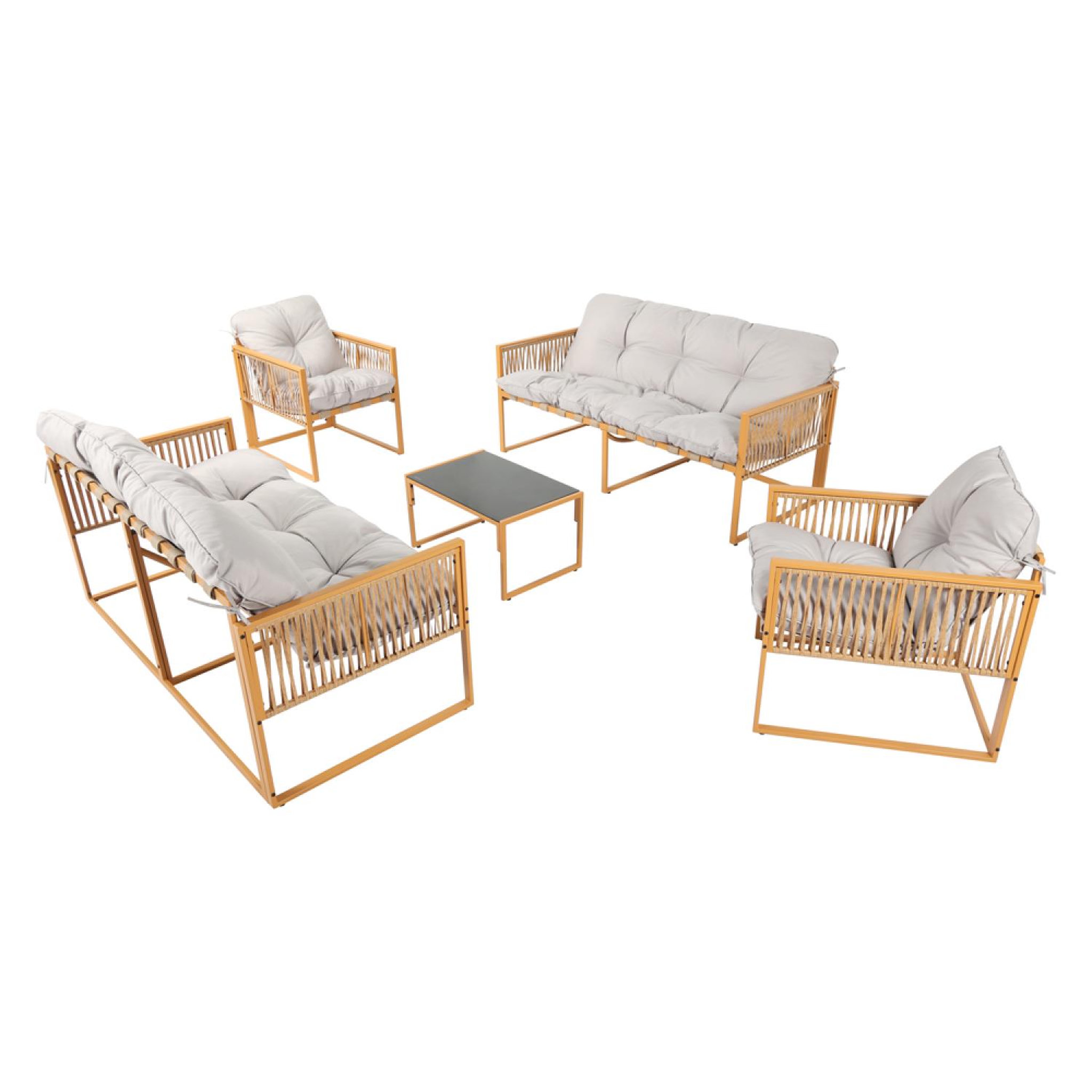 CONCEPT USINE Salon de jardin 8 places effet rotin coussins gris clair turini