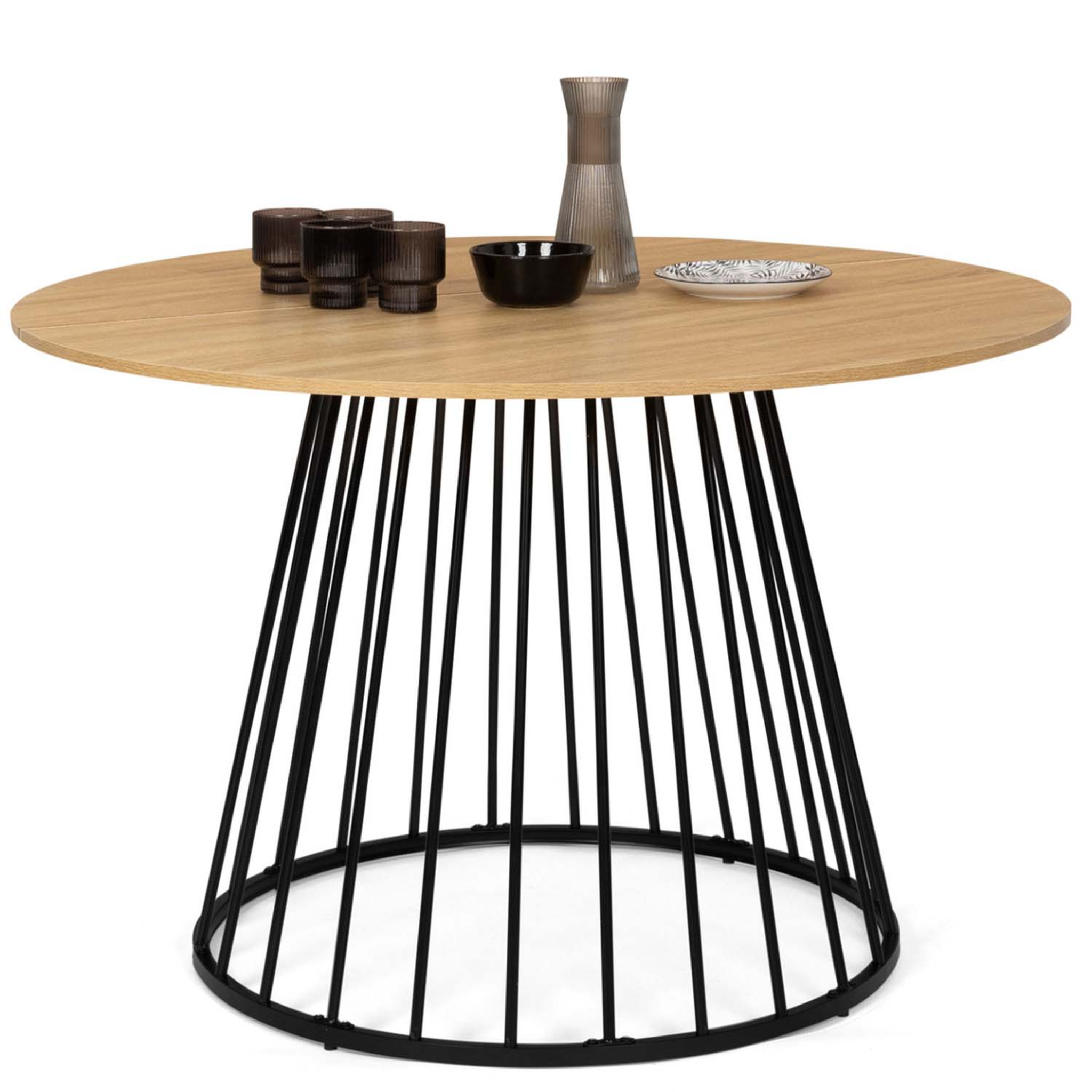 ID MARKET Table à manger ronde yuna 6 personnes plateau bois et pied filaire en métal noir 110 cm