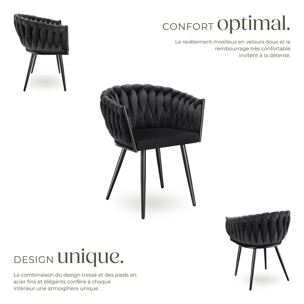 tectake Lot de chaises de salle à manger rembourrée avec revêtement en velours et design noué noir Lot de 2