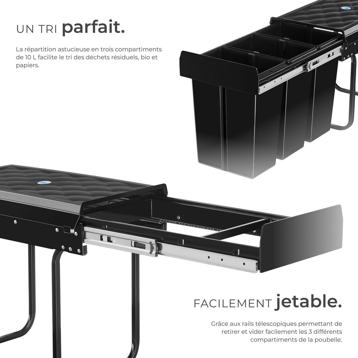 tectake Poubelle de tri 3 compartiments de 10 L chacun noir