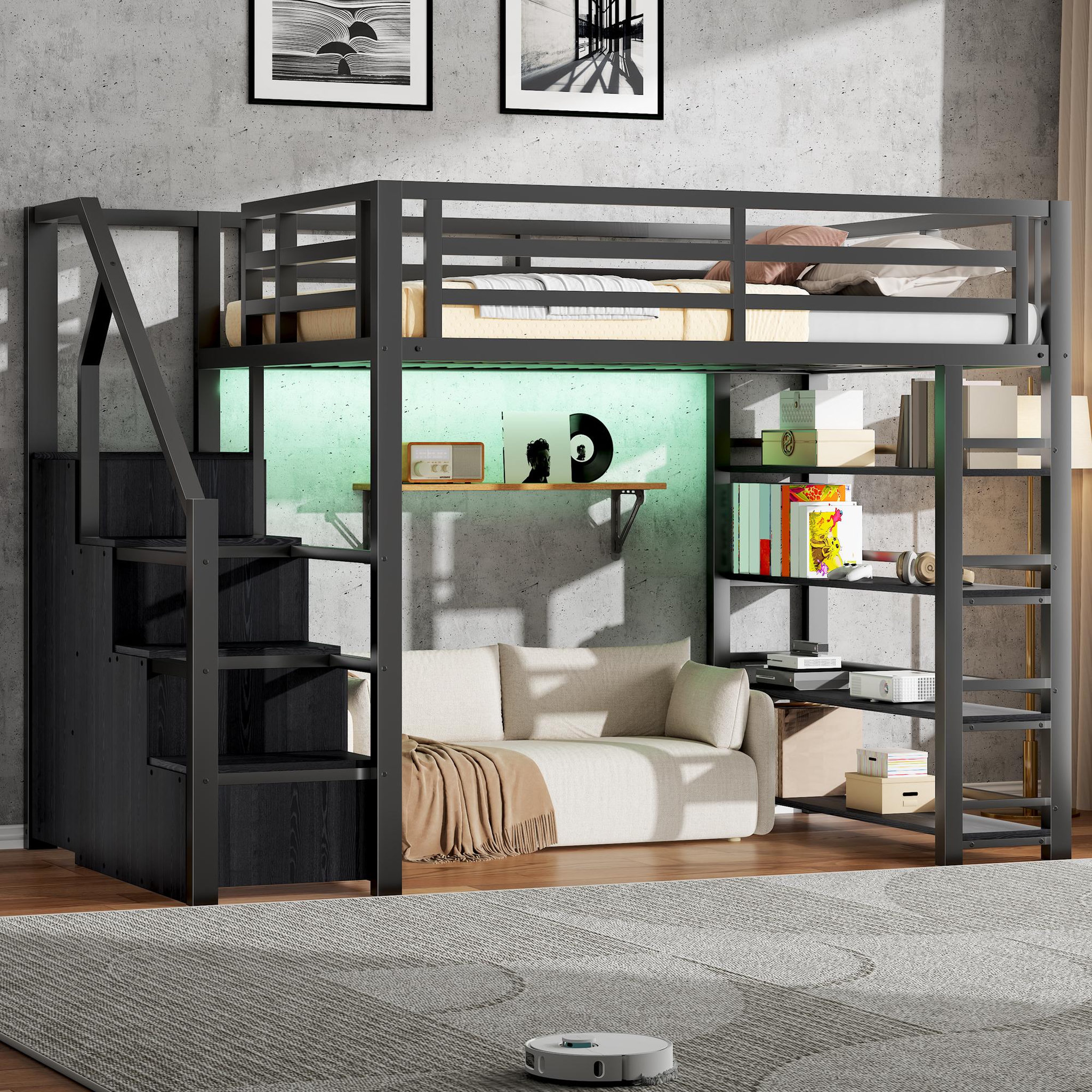 Voir la diapositive 4 : MERAX Lit mezzanine 140x200 cm coloris noir led métal