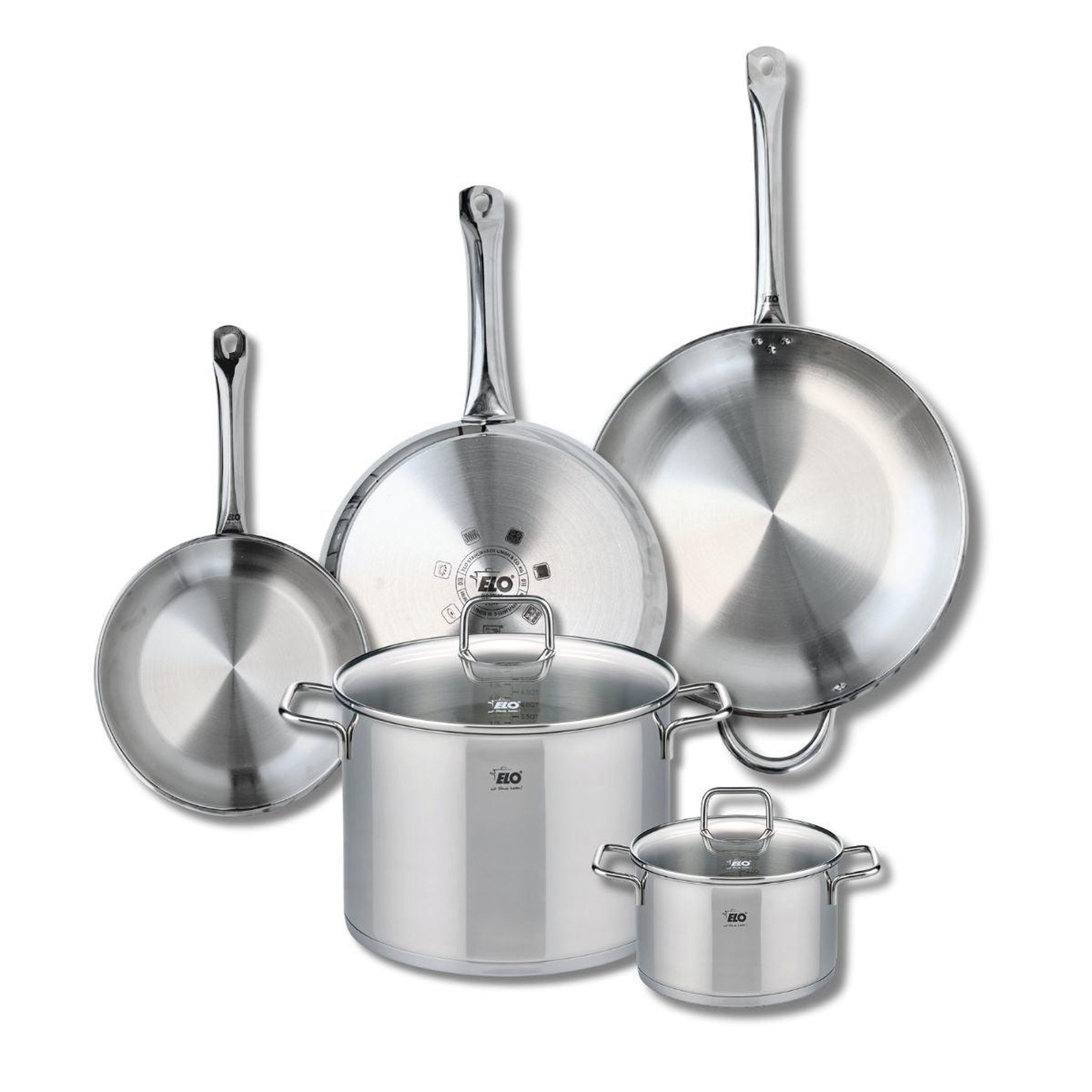 ELO Ensemble de 3 poêles de cuisson 24, 28 et 32 cm et 2 faitouts 16 et 26 cm elo profi citrin
