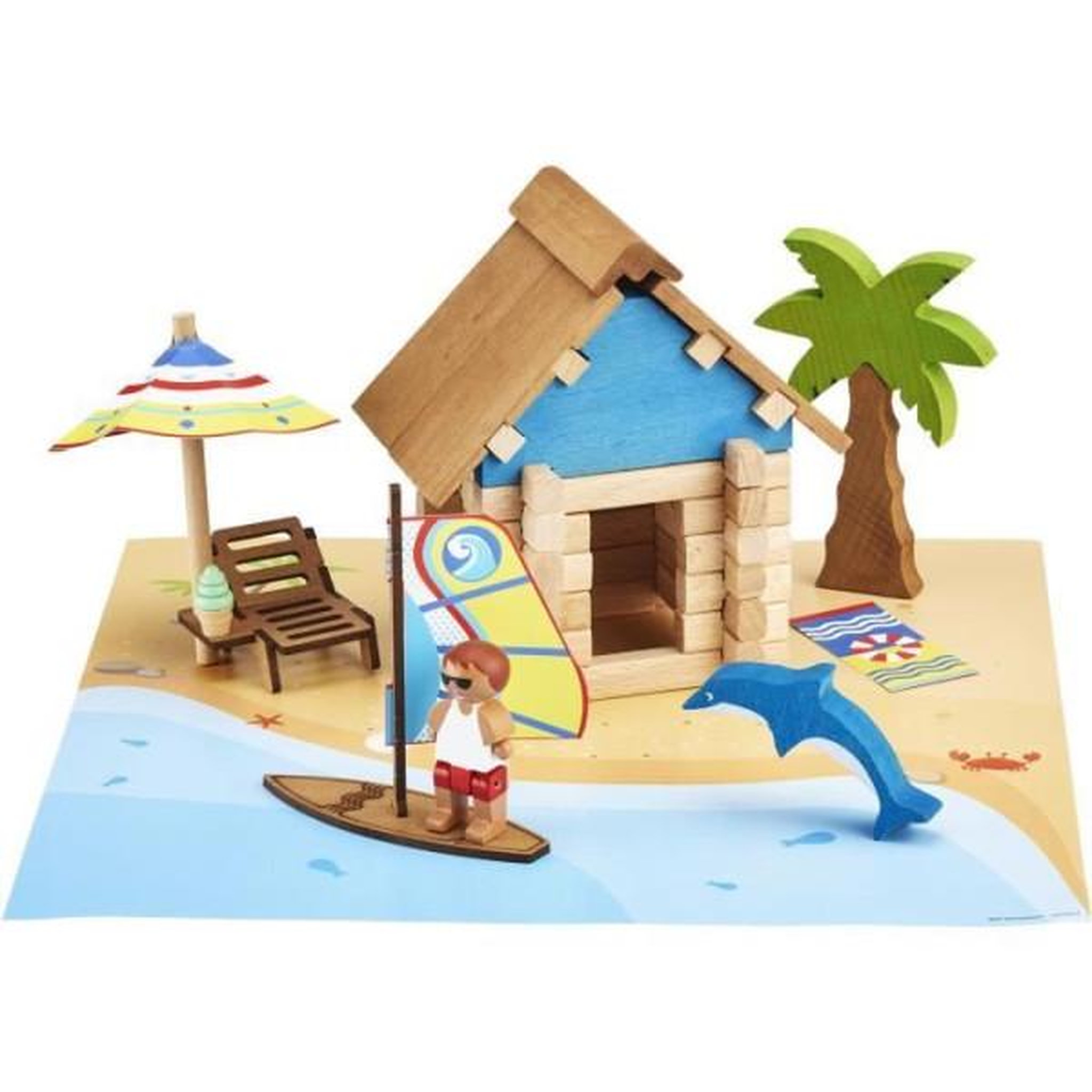 Voir la diapositive 2 : JeuJura La Cabane de Plage 55 Pieces - JEUJURA - Jeu de Construction en Bois Naturel, Tapis et Accessoires Inclus, 22x18,5x8,5 cm