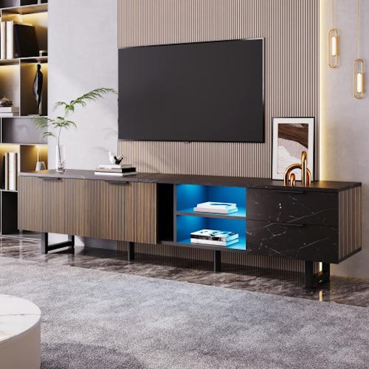 MERAX Meuble tv noir+naturel 200 cm led mdf