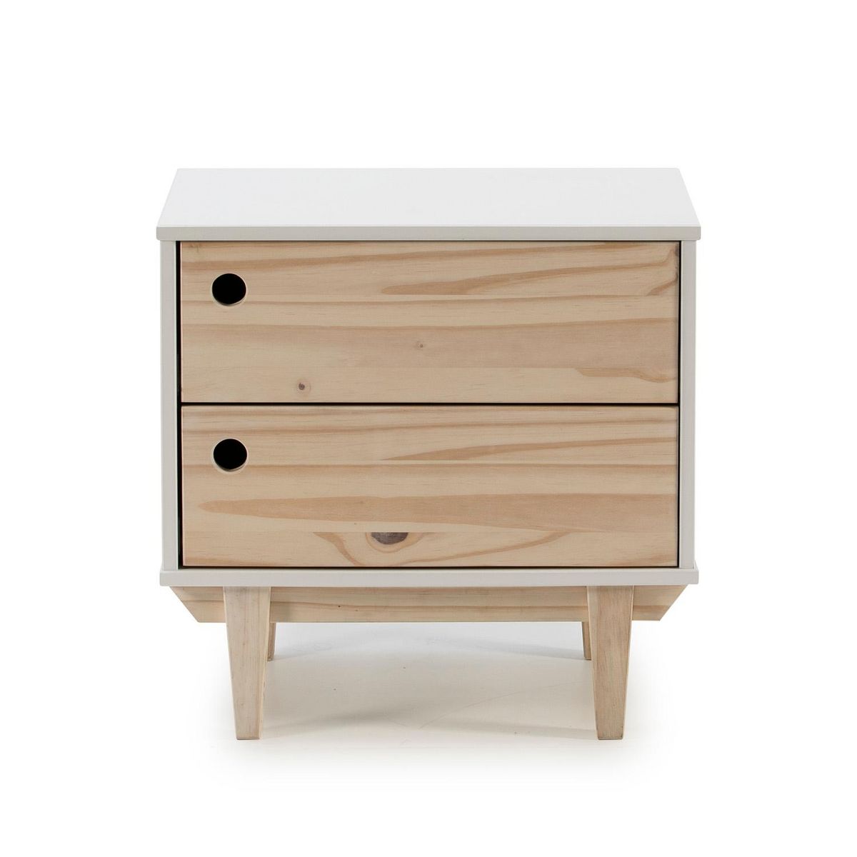 VS VENTA-STOCK Chevet Roma avec 2 tiroirs en Couleur Blanc, Pieds et façades en Bois Naturel