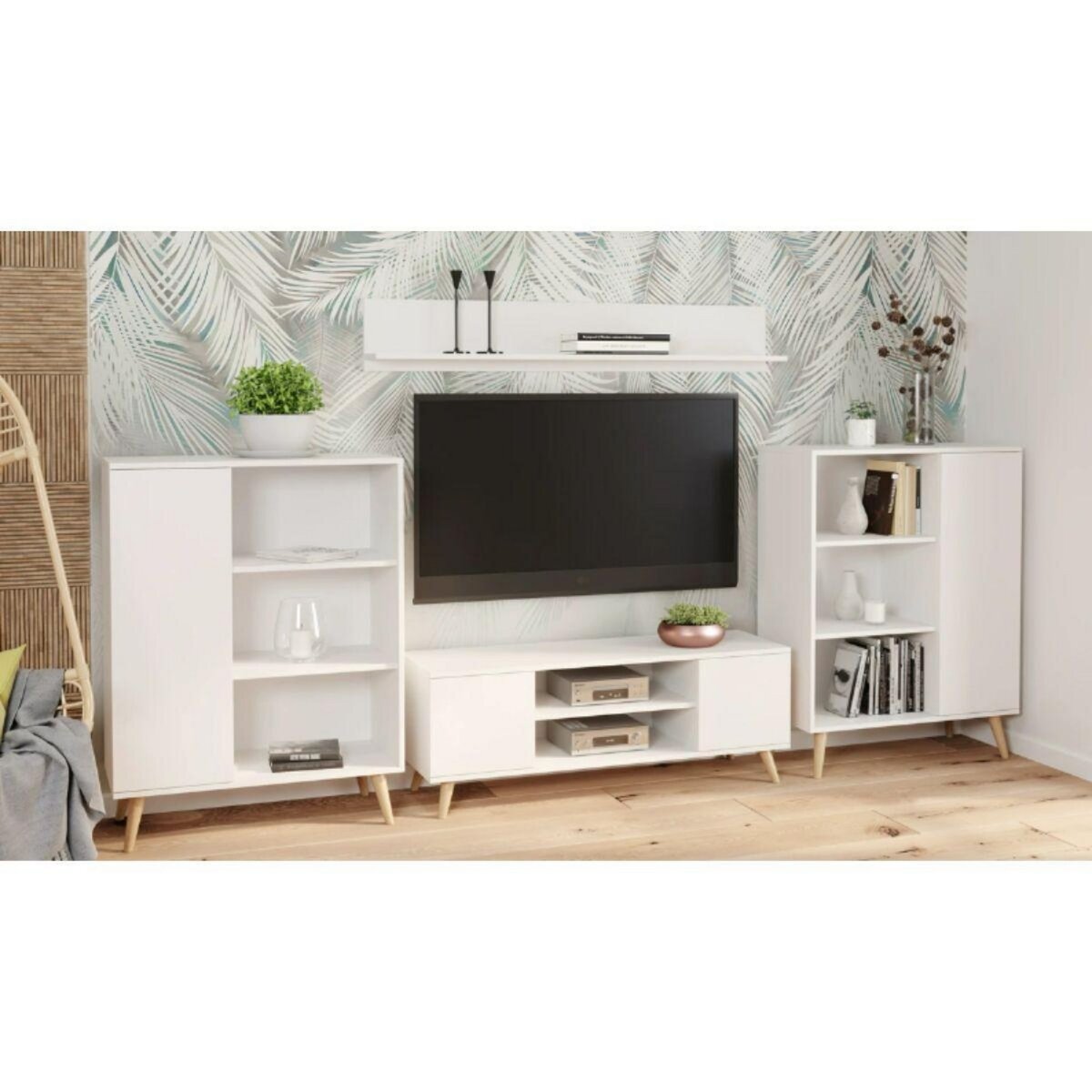 KOBI Bibliothèque Fondi en Bois Blanc avec Étagères Design Scandinave