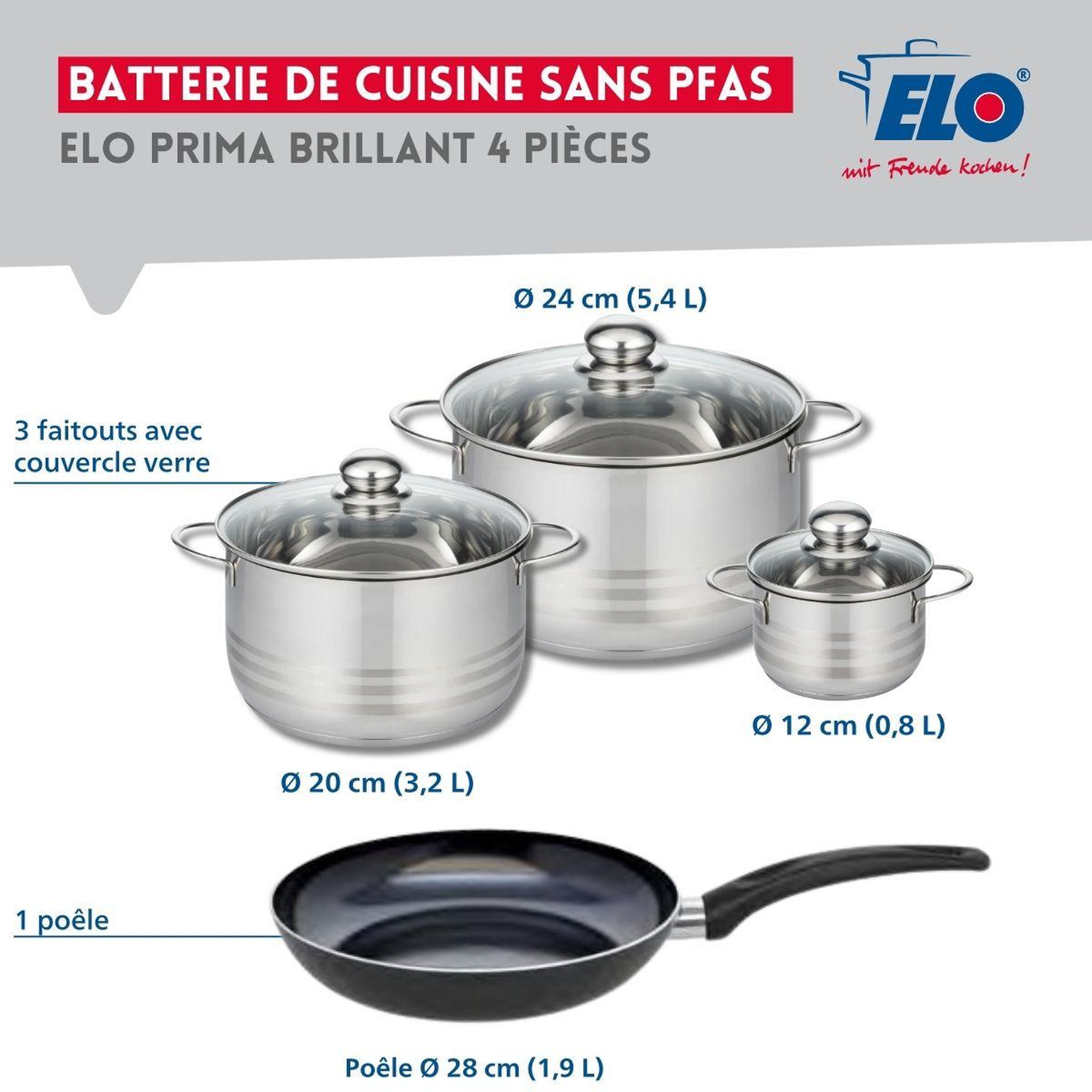 Voir la diapositive 2 : ELO Ensemble de 1 poêle de cuisson 28 cm et 3 faitouts 12, 20 et 24 cm elo prima brillant