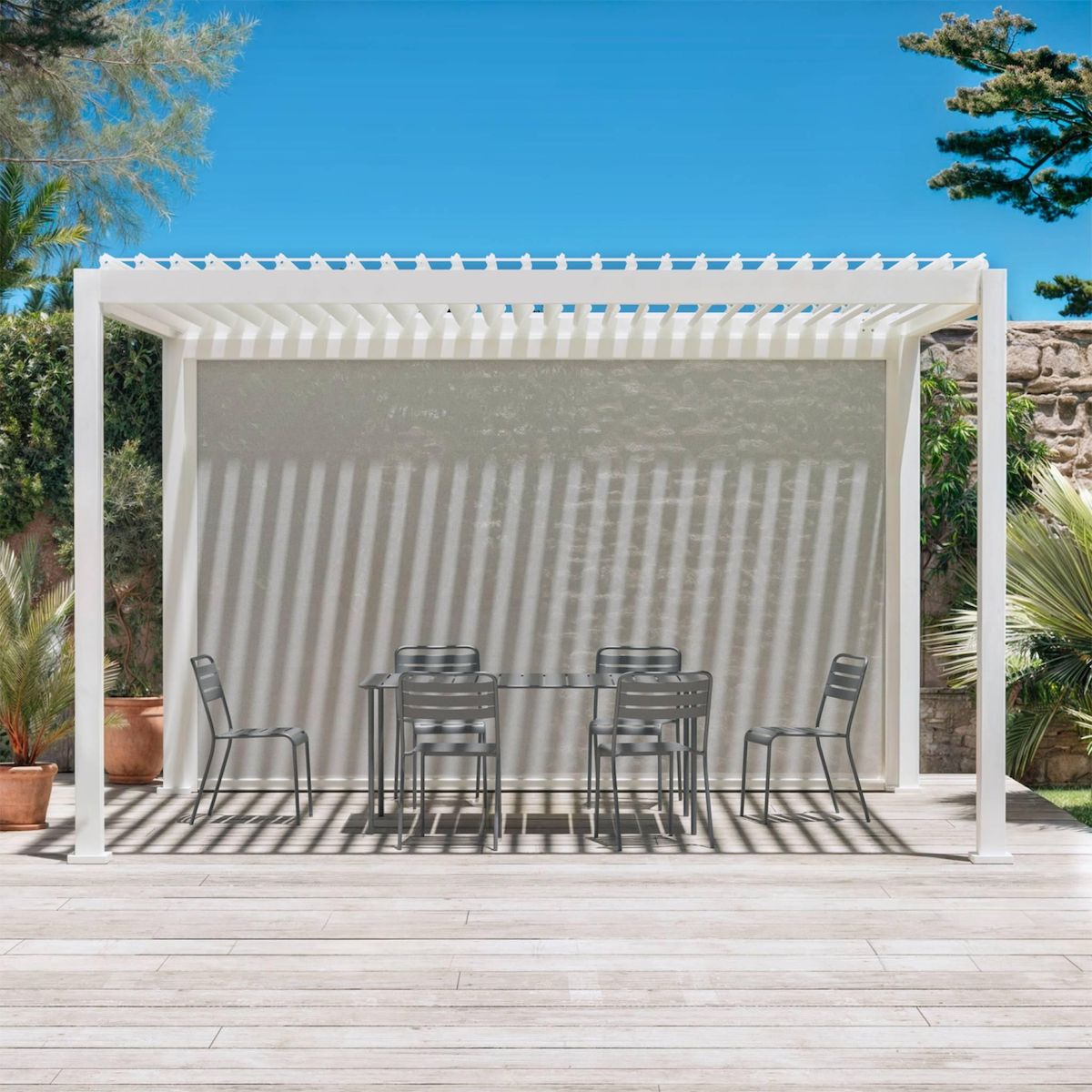 SWEEEK Pergola Bioclimatique – Triomphe – 4x3m, aluminium, à lames orientables + store 4m