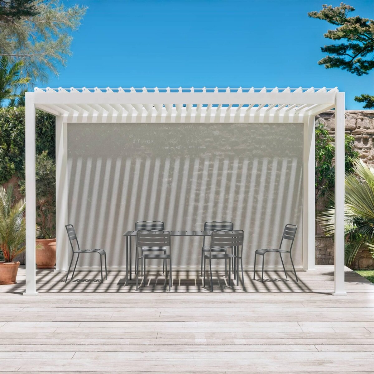 SWEEEK Pergola Bioclimatique – Triomphe – 4x3m, aluminium, à lames orientables + store 4m