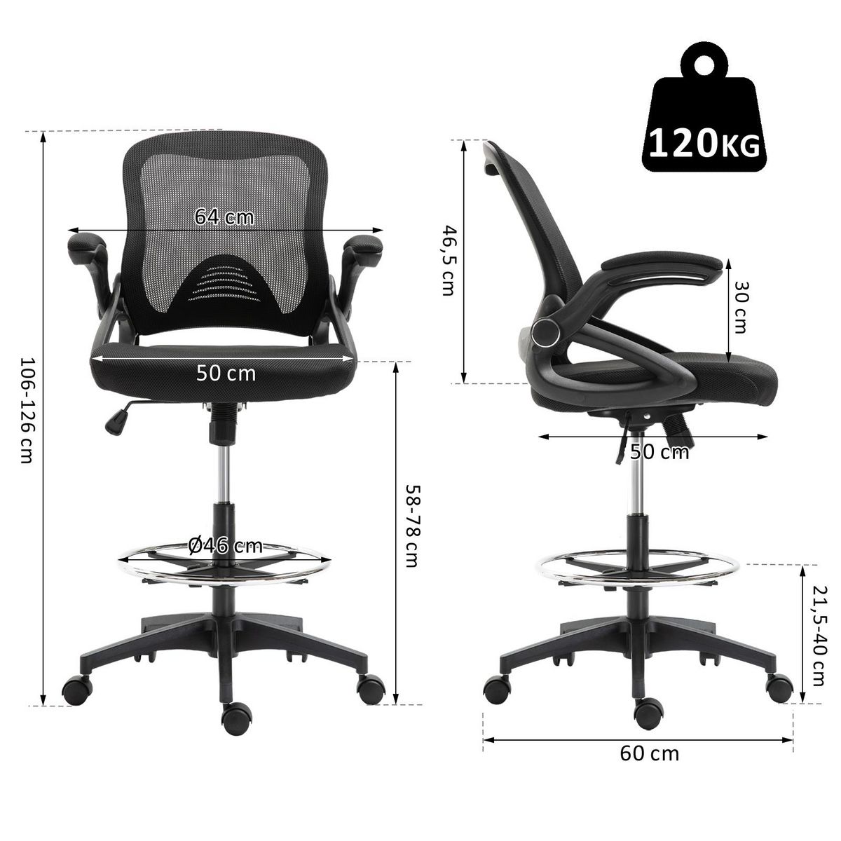 HOMCOM Fauteuil de bureau chaise de bureau assise haute réglable dim. 64L x 60l x 106-126H cm pivotant 360° maille respirante noir