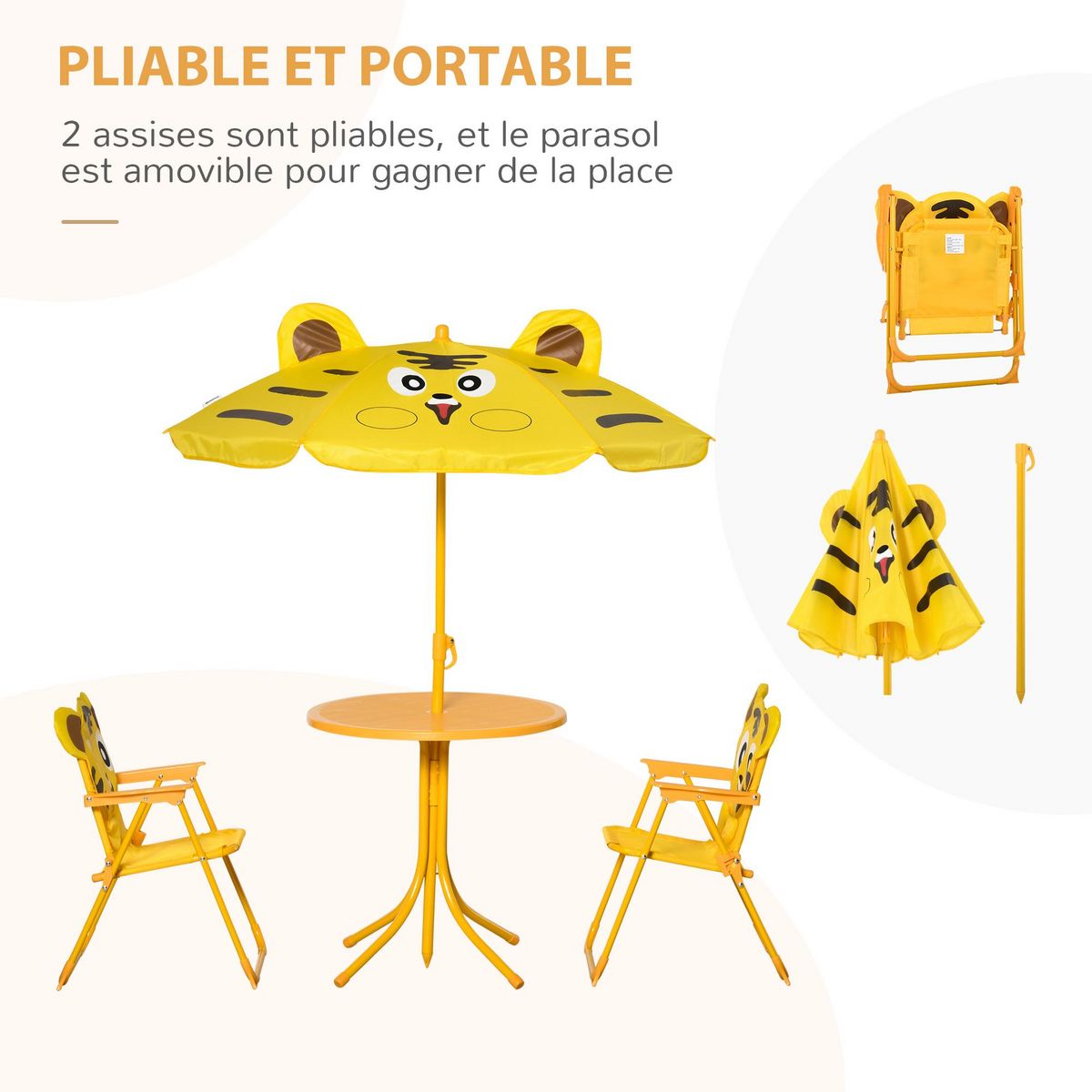 OUTSUNNY Ensemble salon de jardin enfant 4 pcs design tigre - table ronde + 2 chaises pliables + parasol - métal époxy oxford jaune