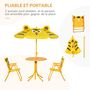 Voir la diapositive 2 : OUTSUNNY Ensemble salon de jardin enfant 4 pcs design tigre - table ronde + 2 chaises pliables + parasol - métal époxy oxford jaune