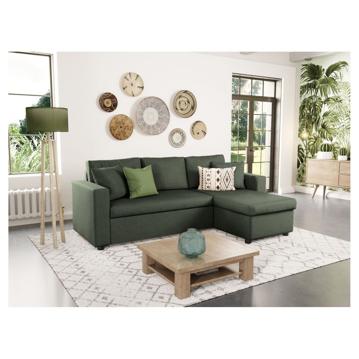 Canapé d'angle réversible convertible avec coffre en tissu ou velours GERALDINE 