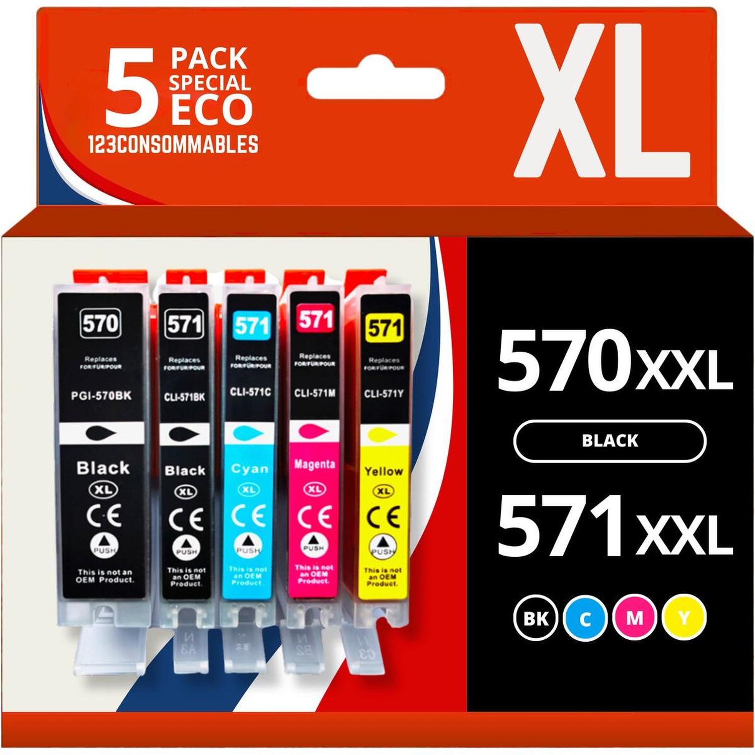 123CONSOMMABLES 570 571XL Cartouche d'encre Compatibles avec Canon 570 571 pour Canon PIXMA TS5055 TS5050 MG5750 TS5053 MG6852 MG6850 MG5700 MG5752 MG5753 8 / 4 Cyan / 4 / 4 Jaune Neuf - vue 7